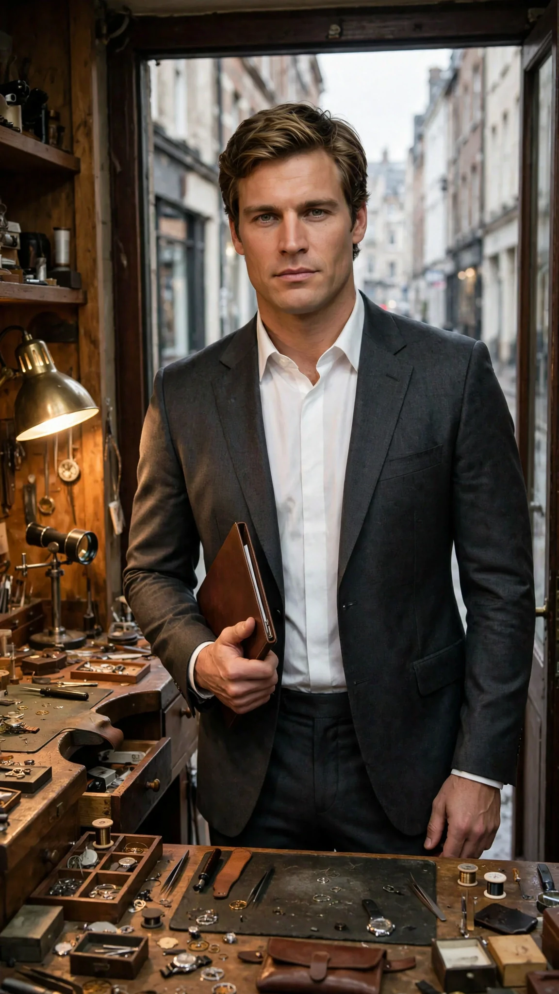 A tall man in a charcoal suit stands in the doorway of a small watch repair workshop holding a folder.