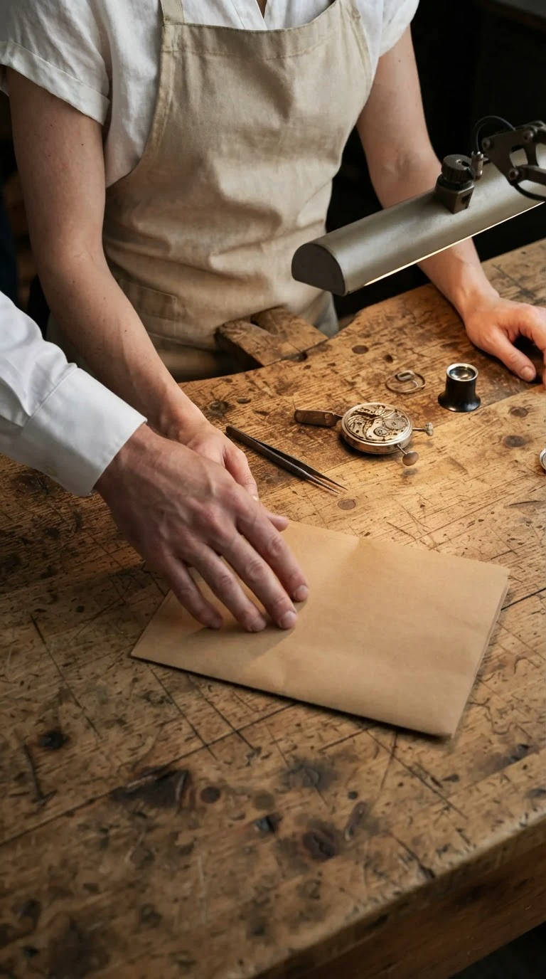 A folder lands on a wooden workbench beside tiny watch tools and an open watch movement.