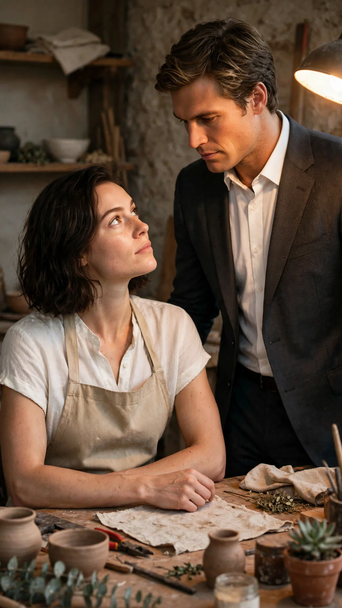A woman in a work apron looks up at the man across the bench, her jaw tight.