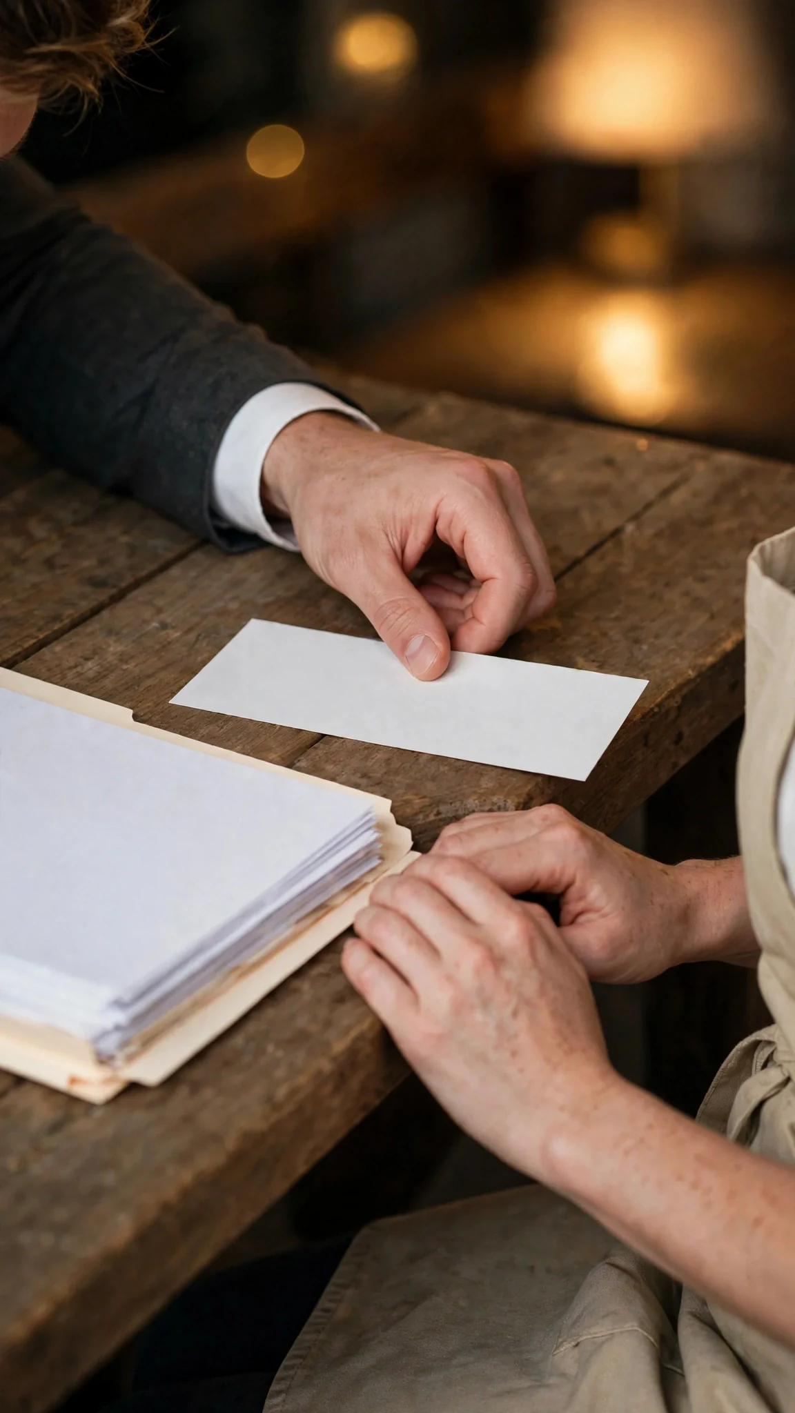 A man's hand places a bank check on the bench beside divorce papers.