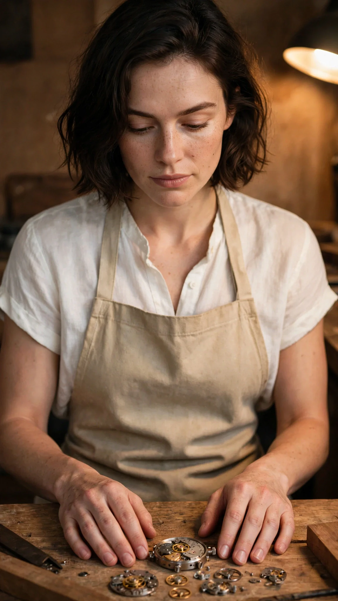 The woman's hands stay steady on the bench while her face goes still.