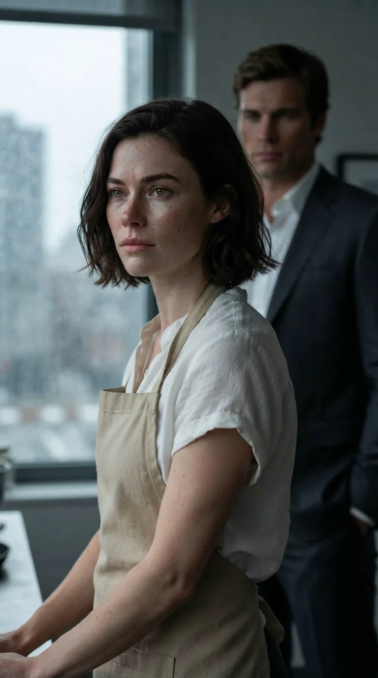 The woman stares past him at the workshop window, remembering, mouth pressed thin.