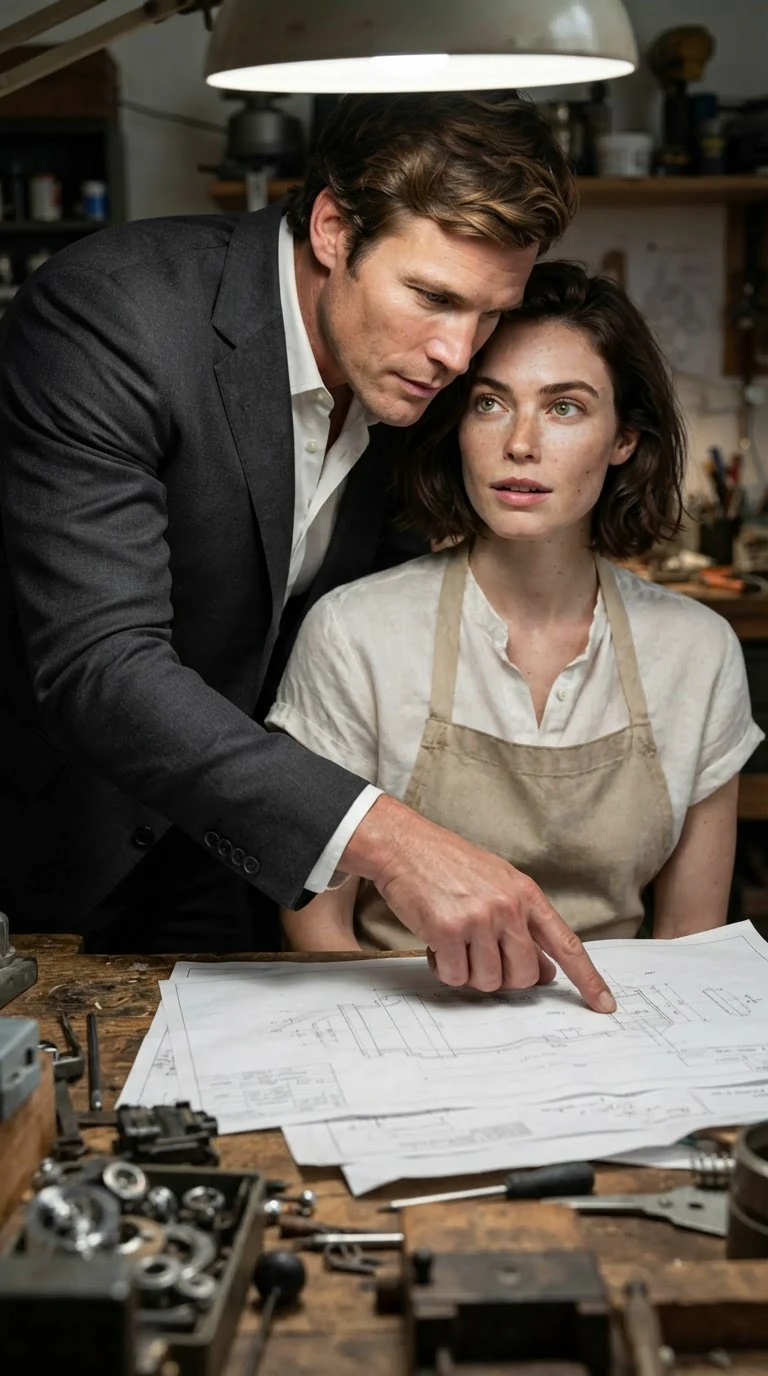 The man leans in close over the bench to point at a line, his shoulder almost touching hers.