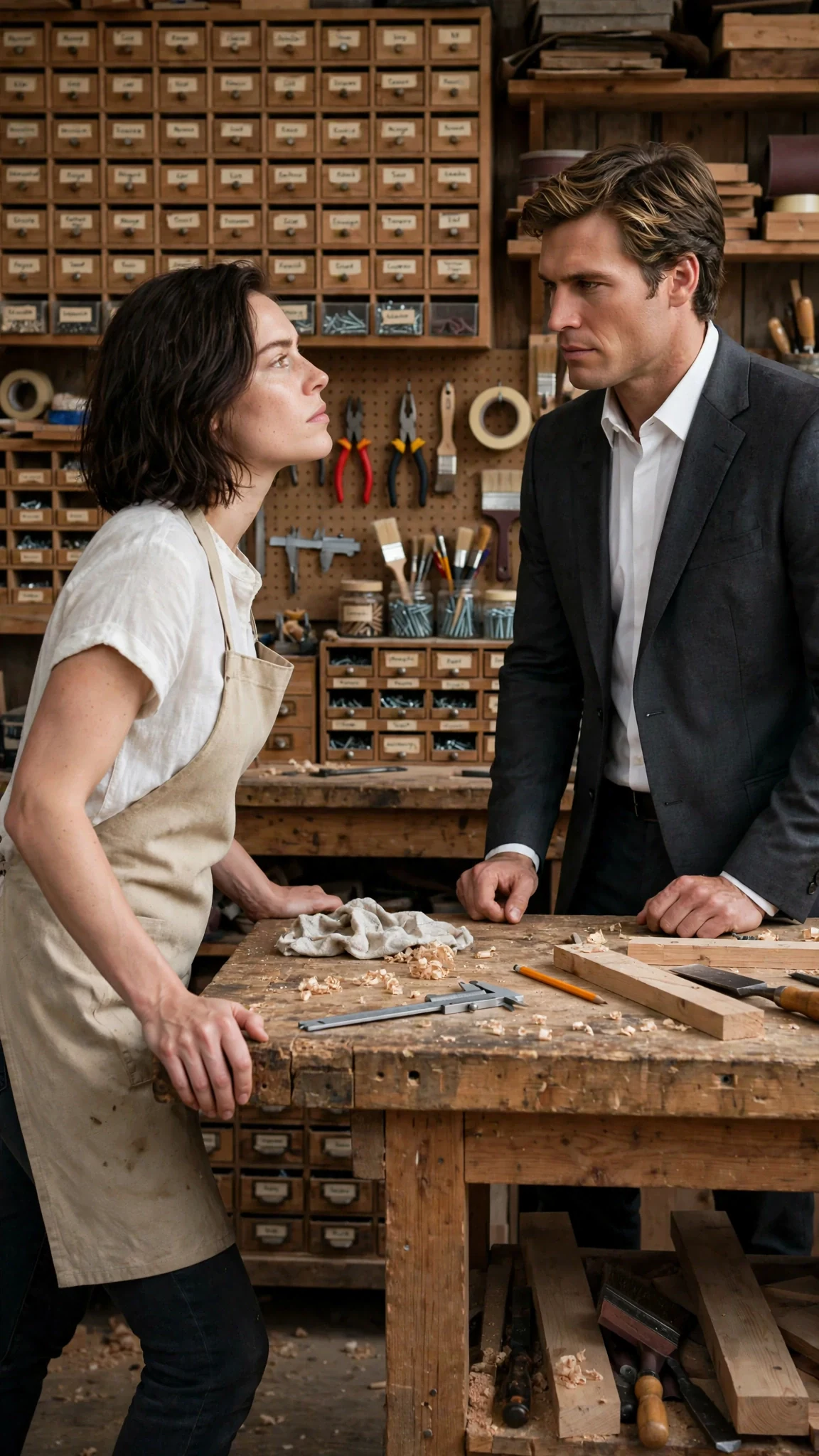 The woman steps back from the bench, putting space between them, chin lifted.