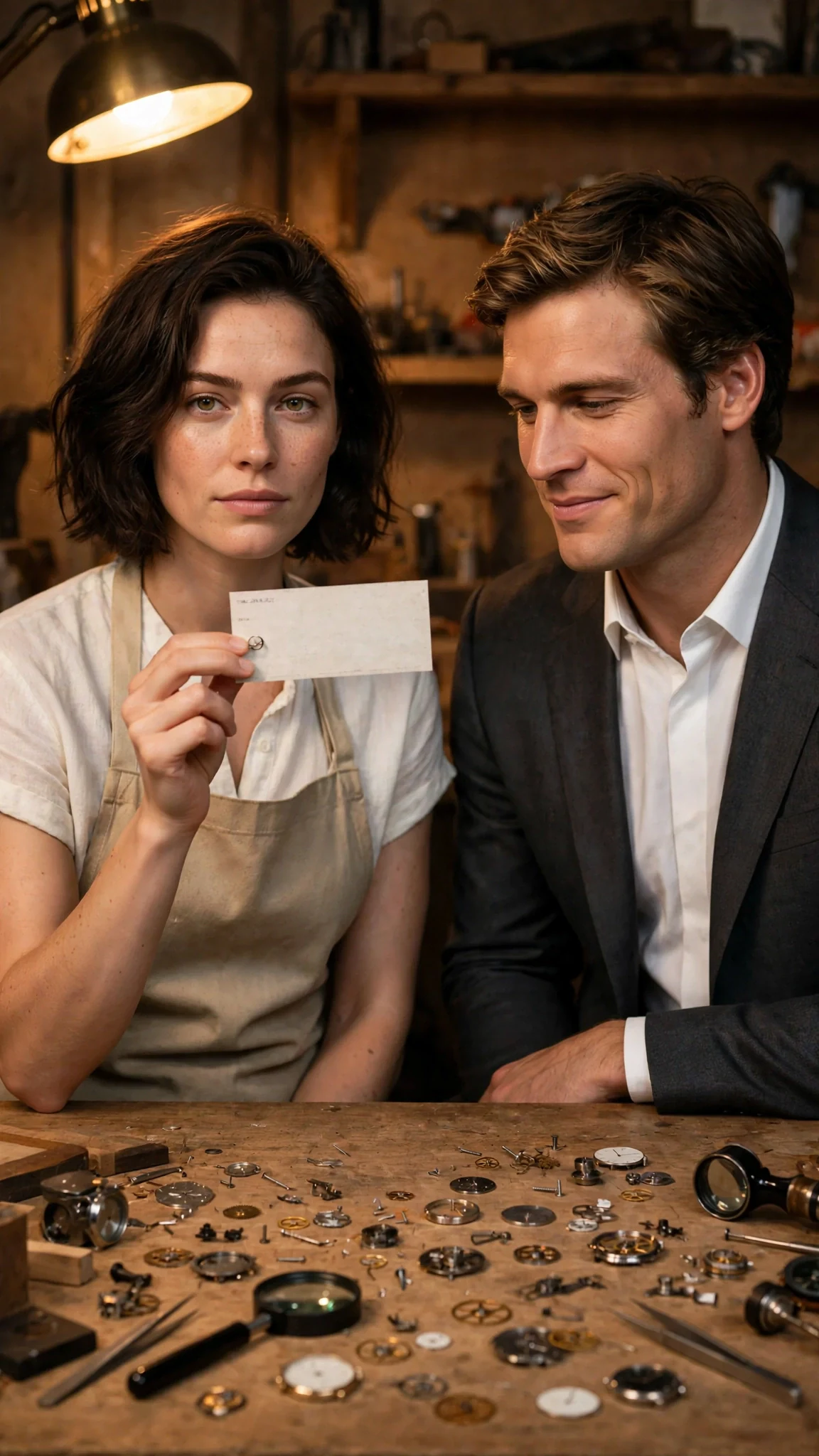 The woman picks up the check and the man's shoulders relax.