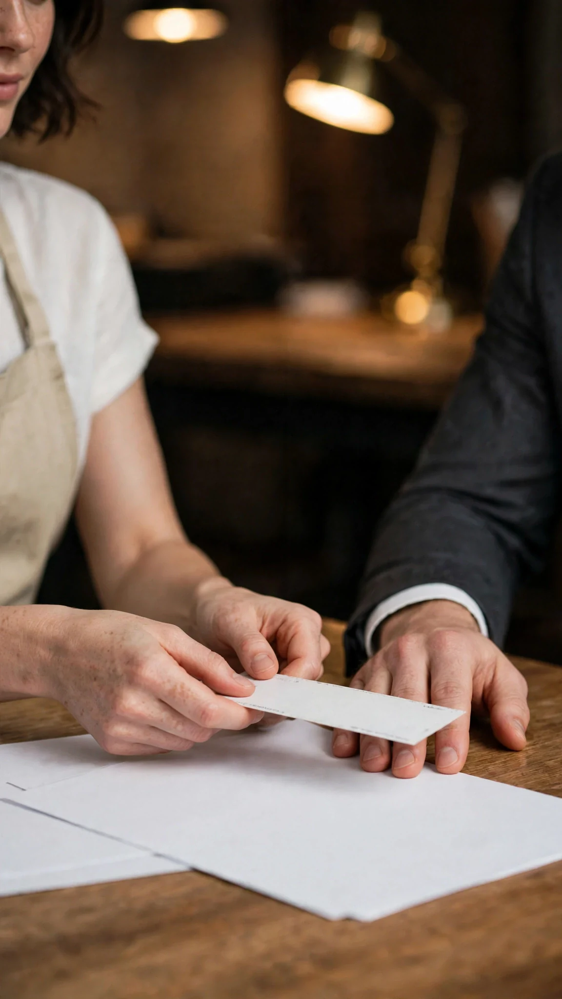 The woman's fingers slide the check back across the bench until it touches the man's hand.
