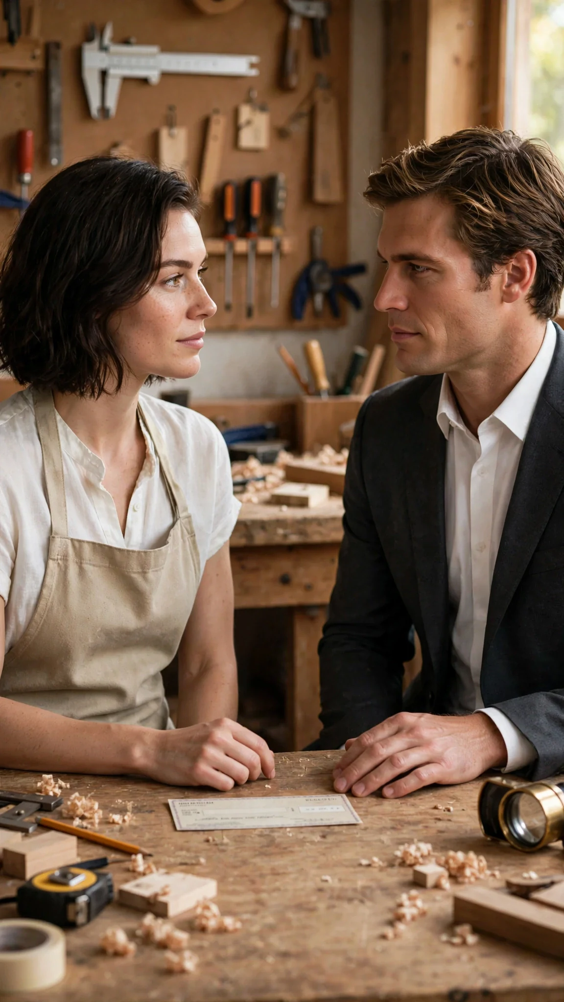 The woman looks him in the eye, the check lying between them.
