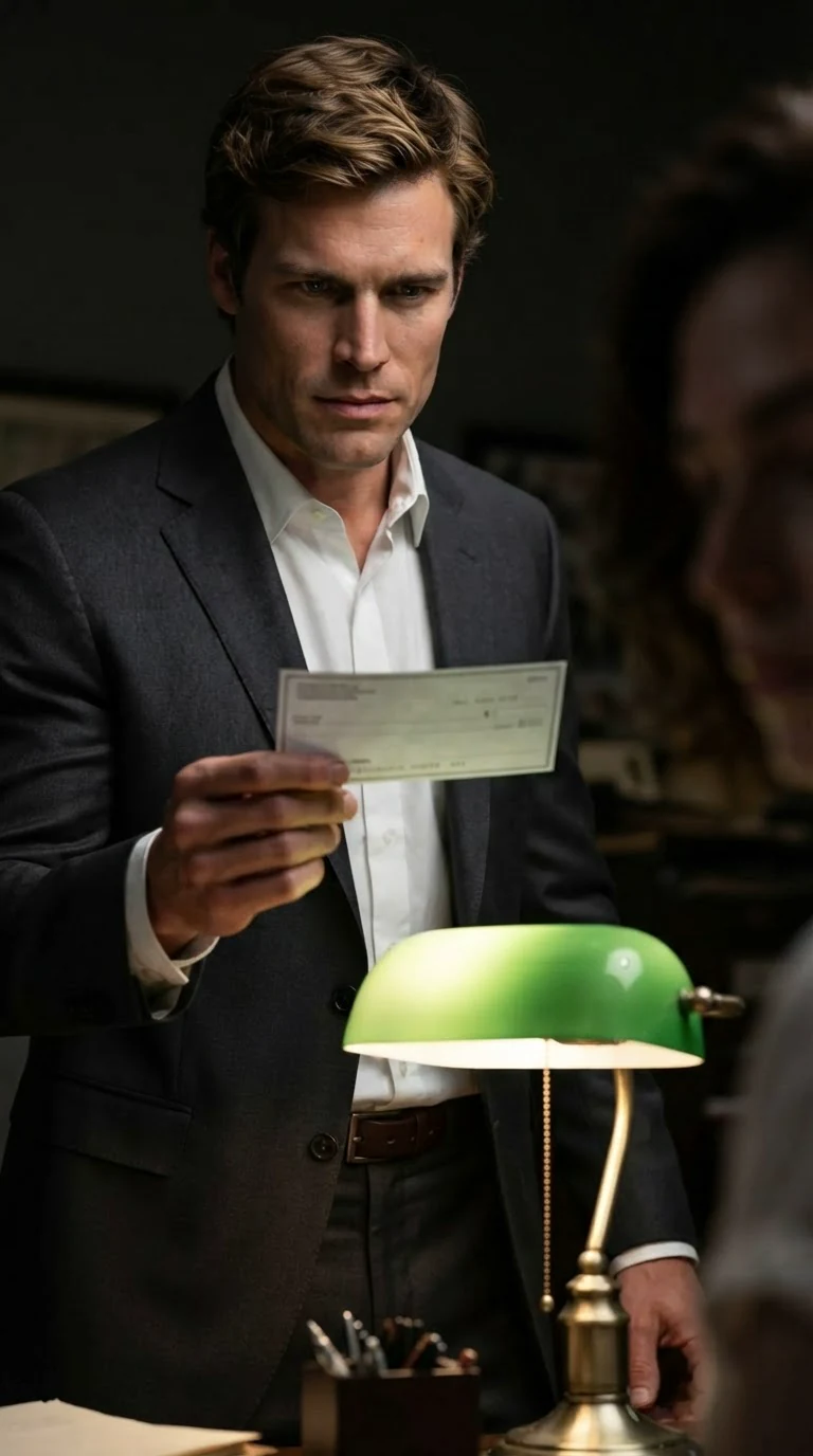 The man holds the check and stares at it, jaw working.