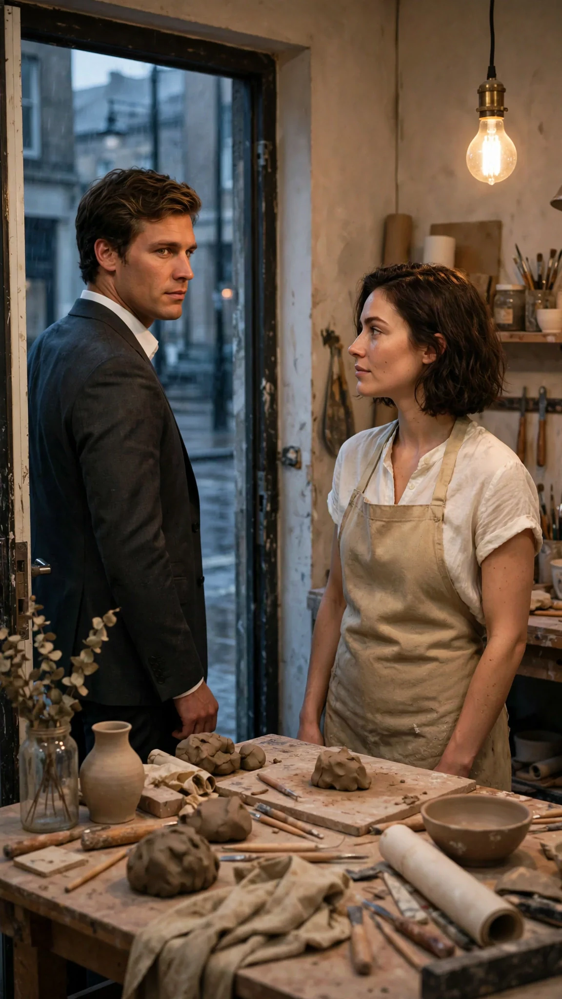 The man hesitates by the open workshop door, looking back at her.