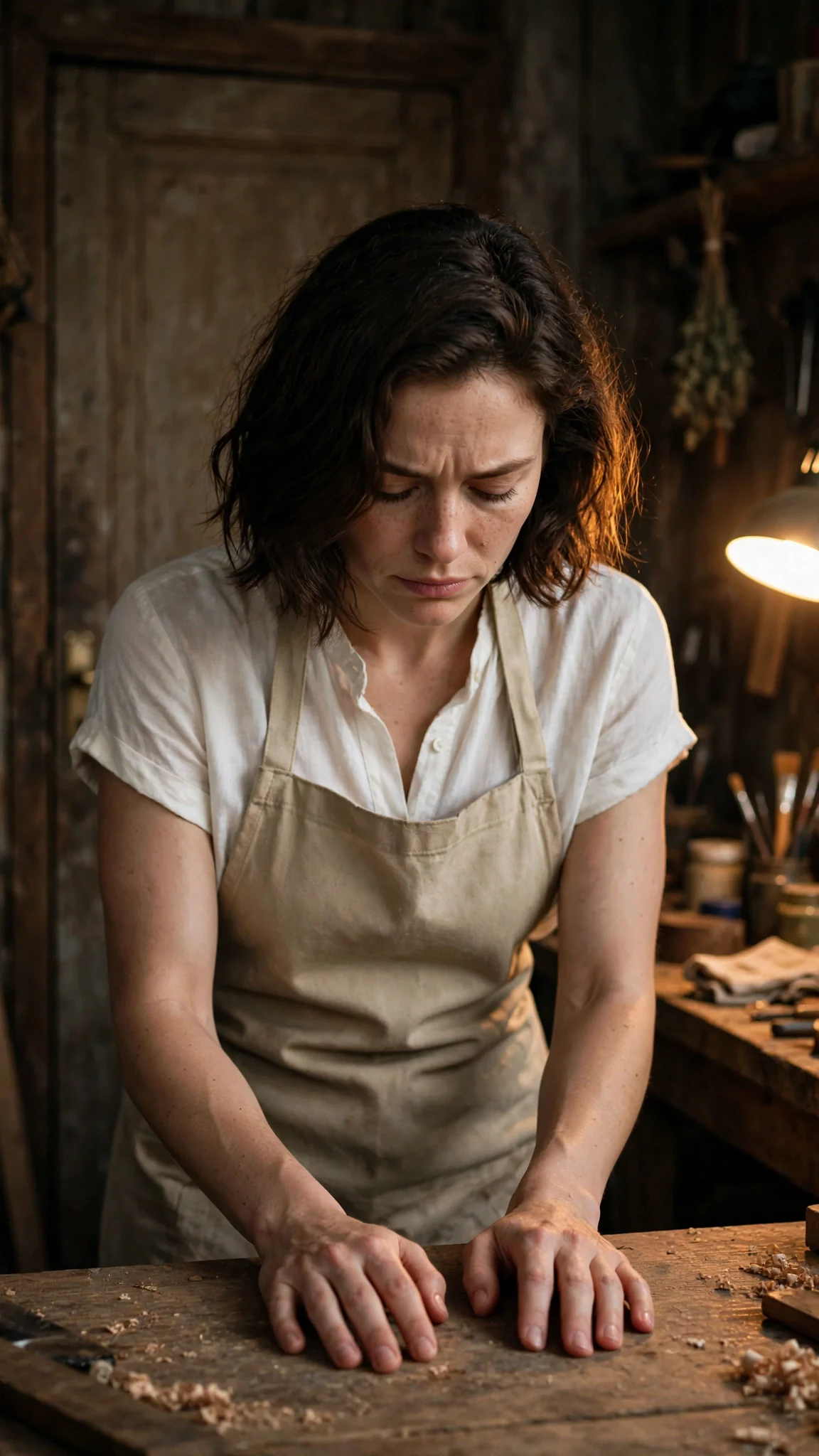 Alone in the workshop, the woman puts her hands flat on the bench and closes her eyes.