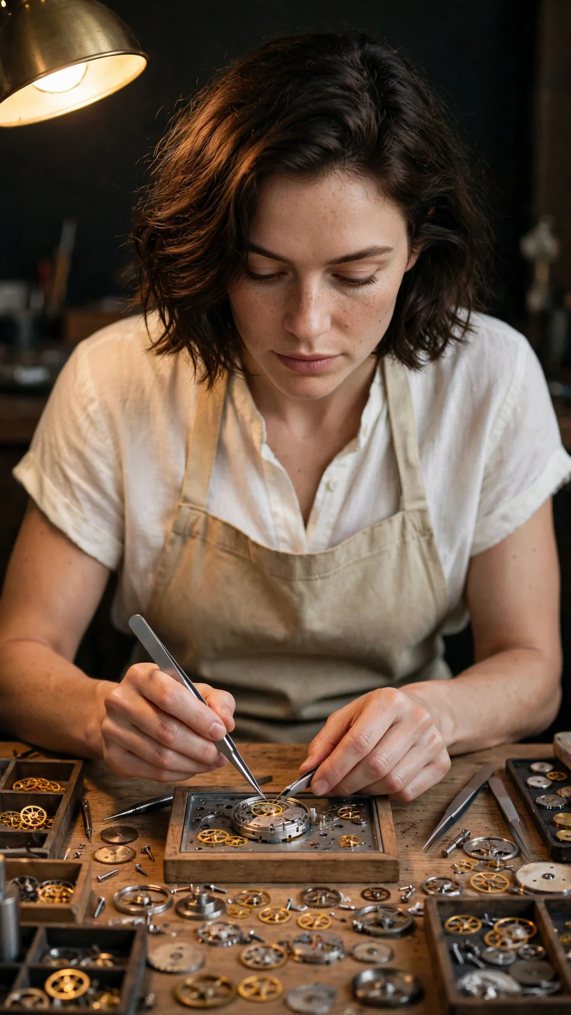 The woman bends over the watch movement under the lamp, tools in hand, face set.