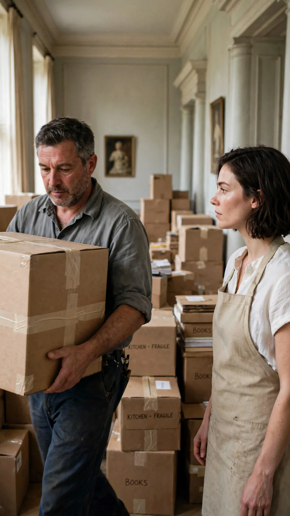 A mover carries Isla's books away in a box labeled wrong.
