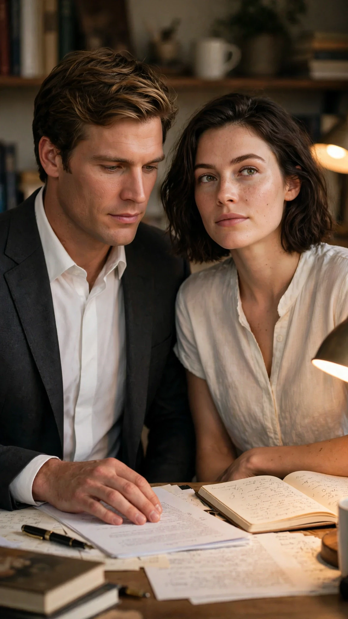 Declan close to Isla at the desk, his sleeve near her arm, both faces tense.