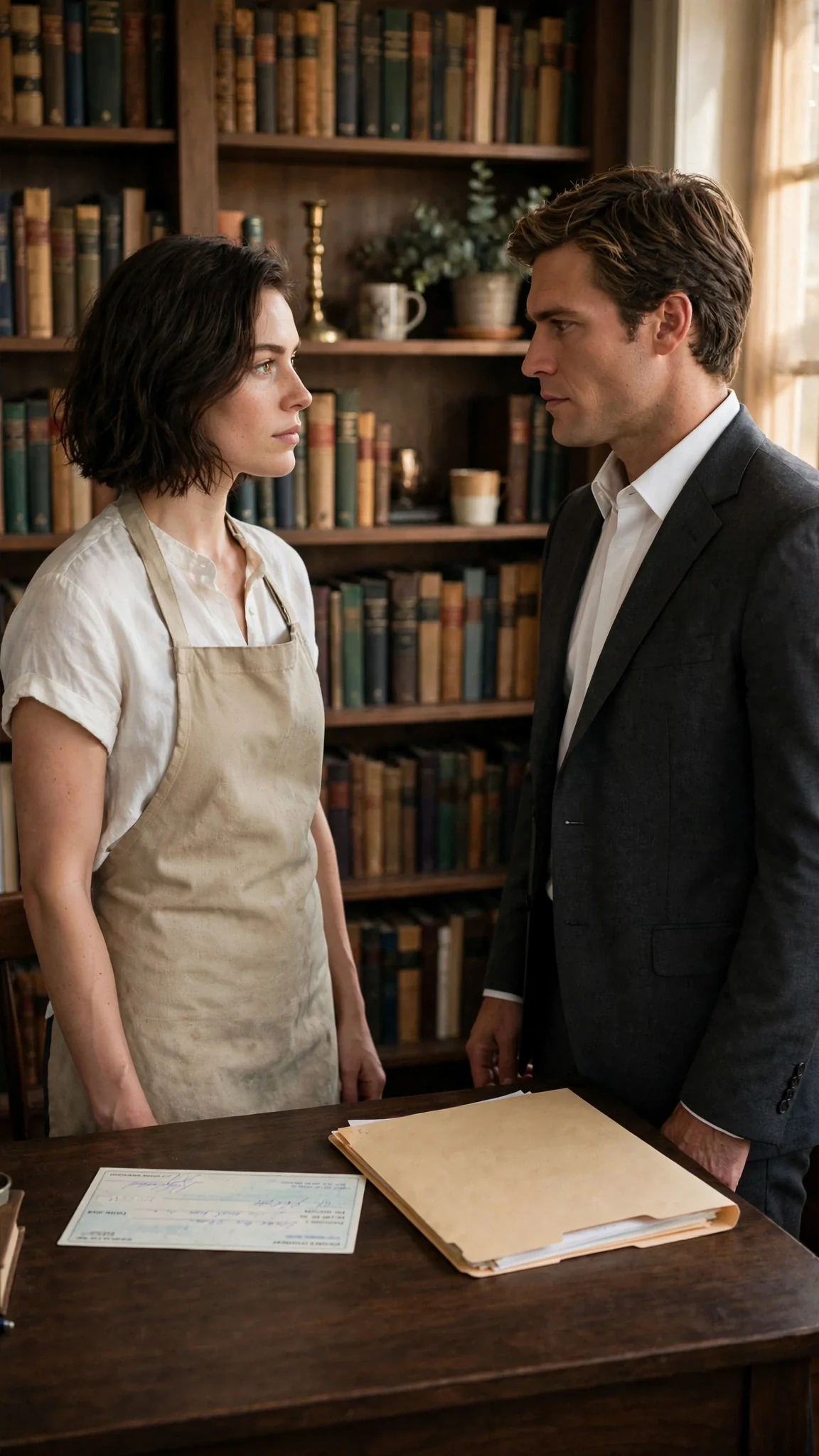 Isla faces Declan across the desk, arms at her sides, refusing to reach for the check.