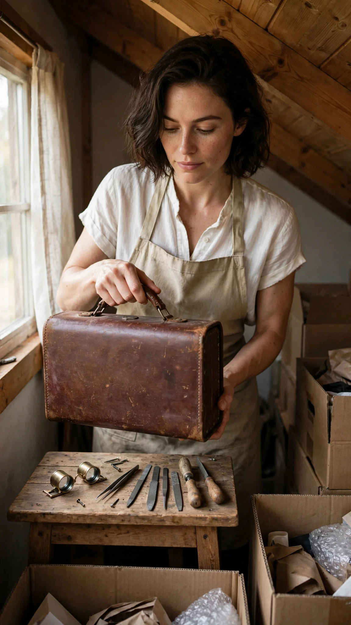 Isla lifts her leather tool case from the small workroom bench.