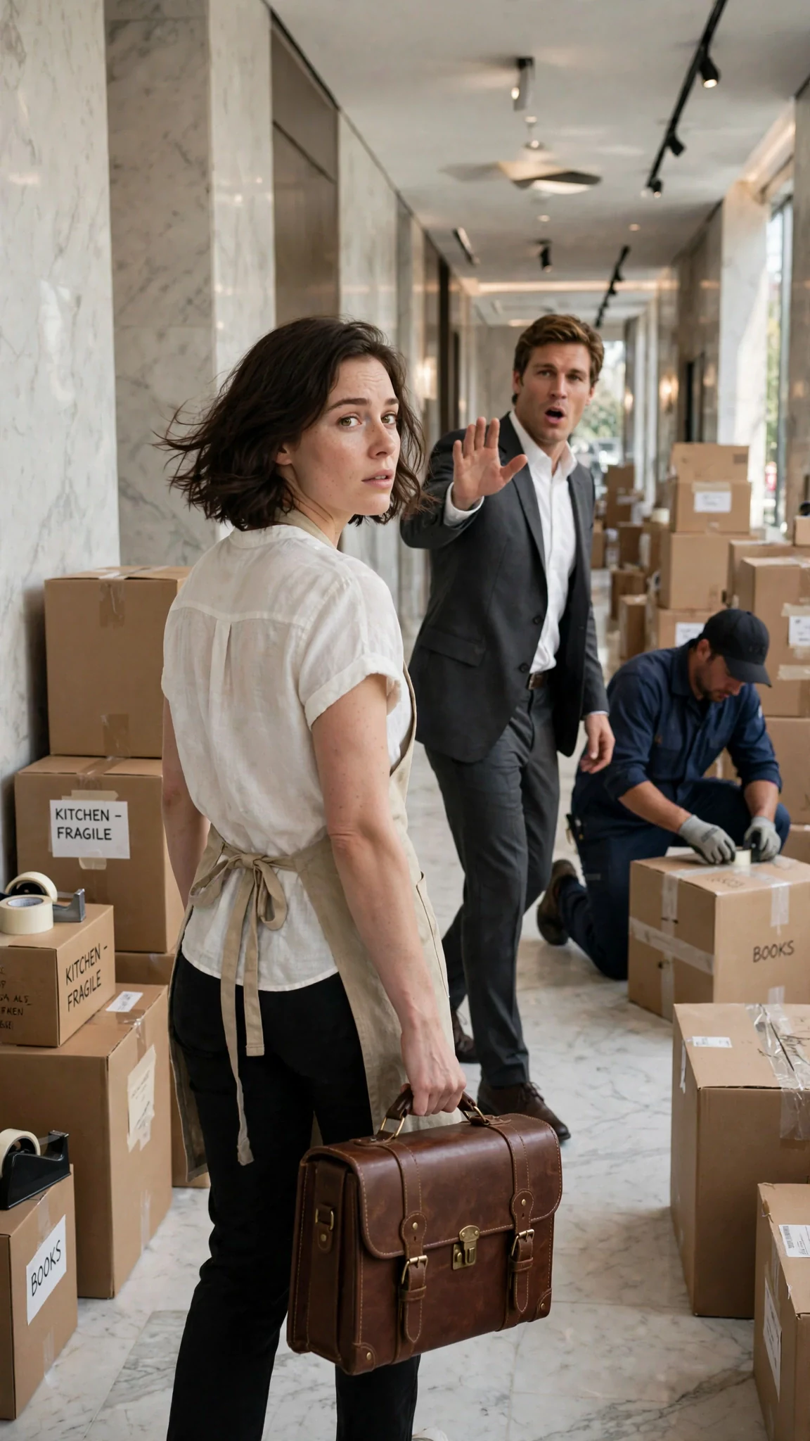 Isla walks past the boxes toward the front door as Declan says her name.