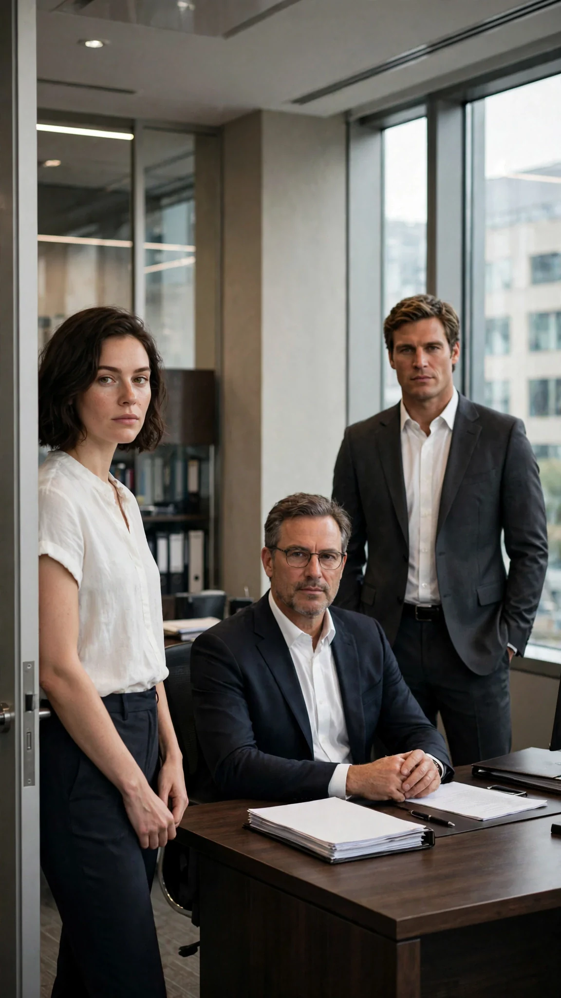 Isla stands in a law office doorway as Declan waits by the window and a lawyer sits behind his desk.