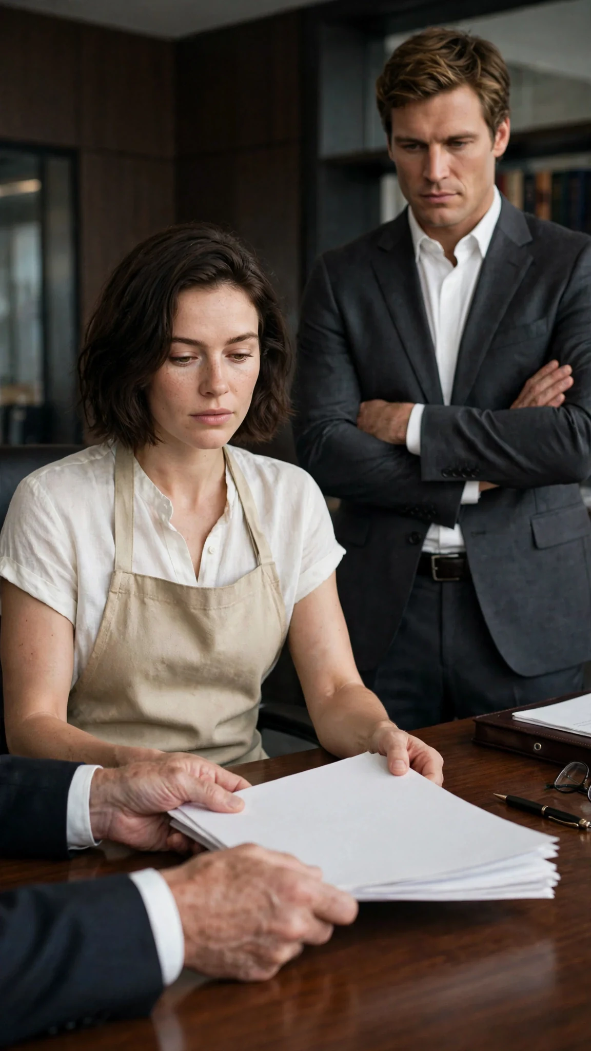 A lawyer slides divorce papers across the desk toward Isla while Declan watches.