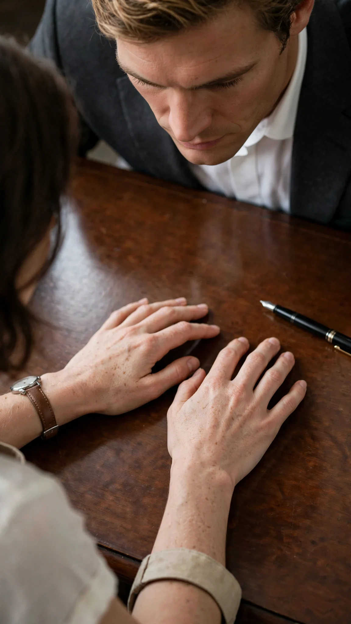 Close-up of Isla's hands trembling on the desk as Declan looks down at them.