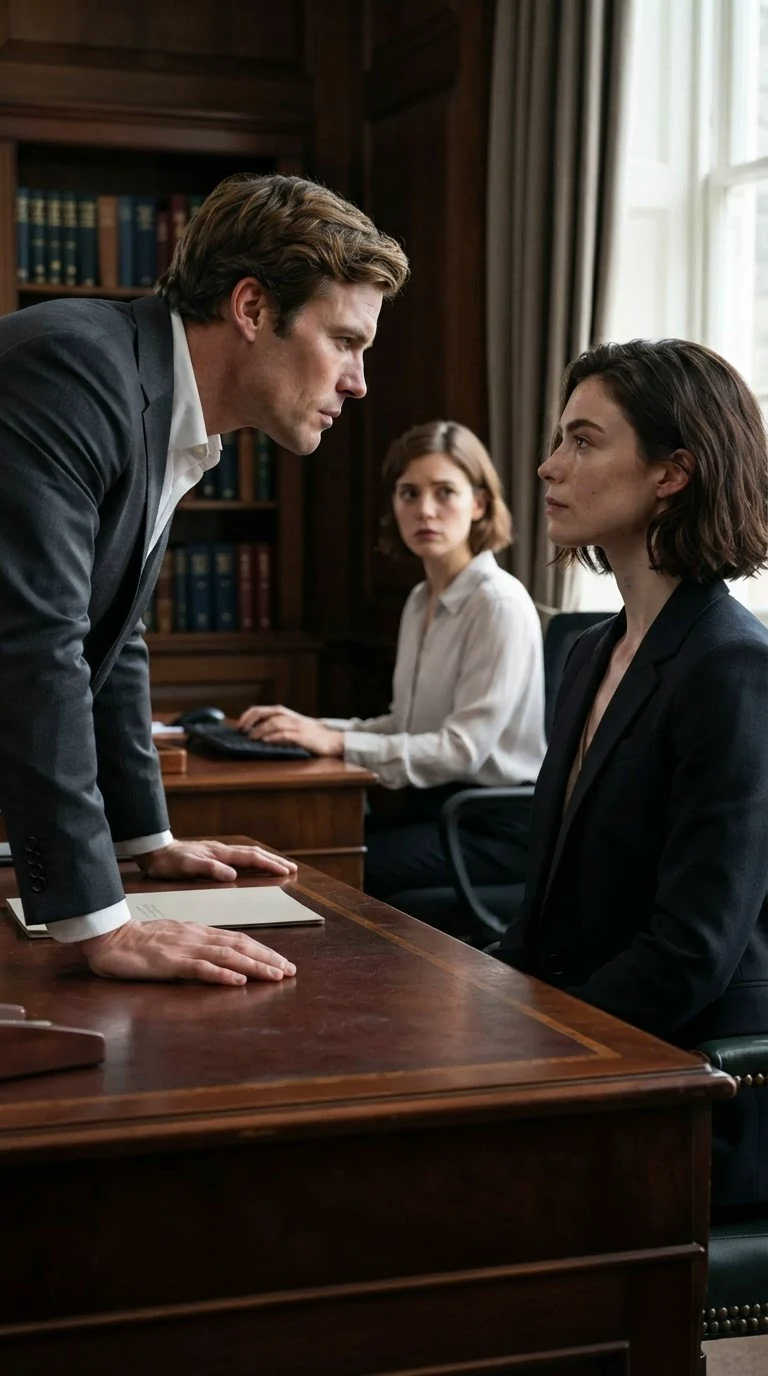 Declan leans toward Isla with a cold threat as the assistant watches.