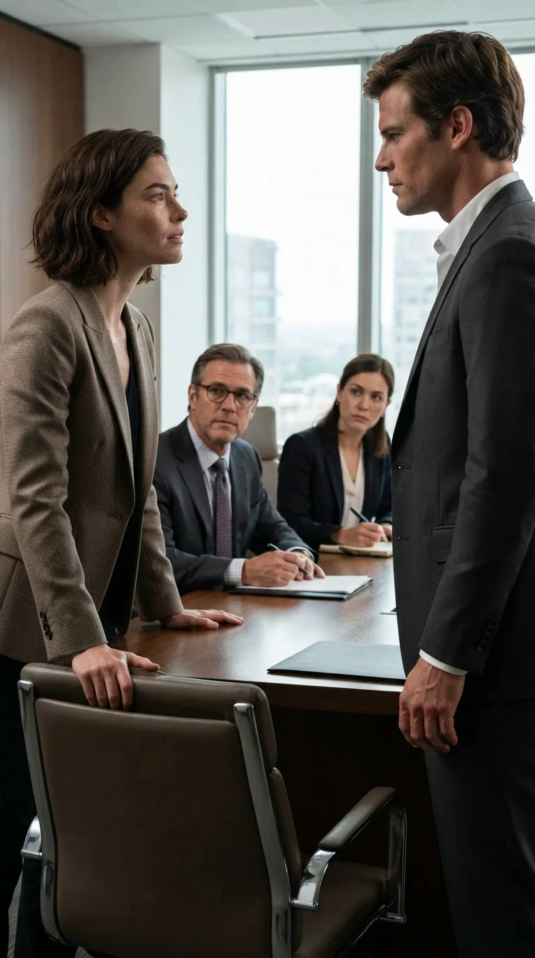 Isla stands up from the desk, chair pushed back, and faces Declan.
