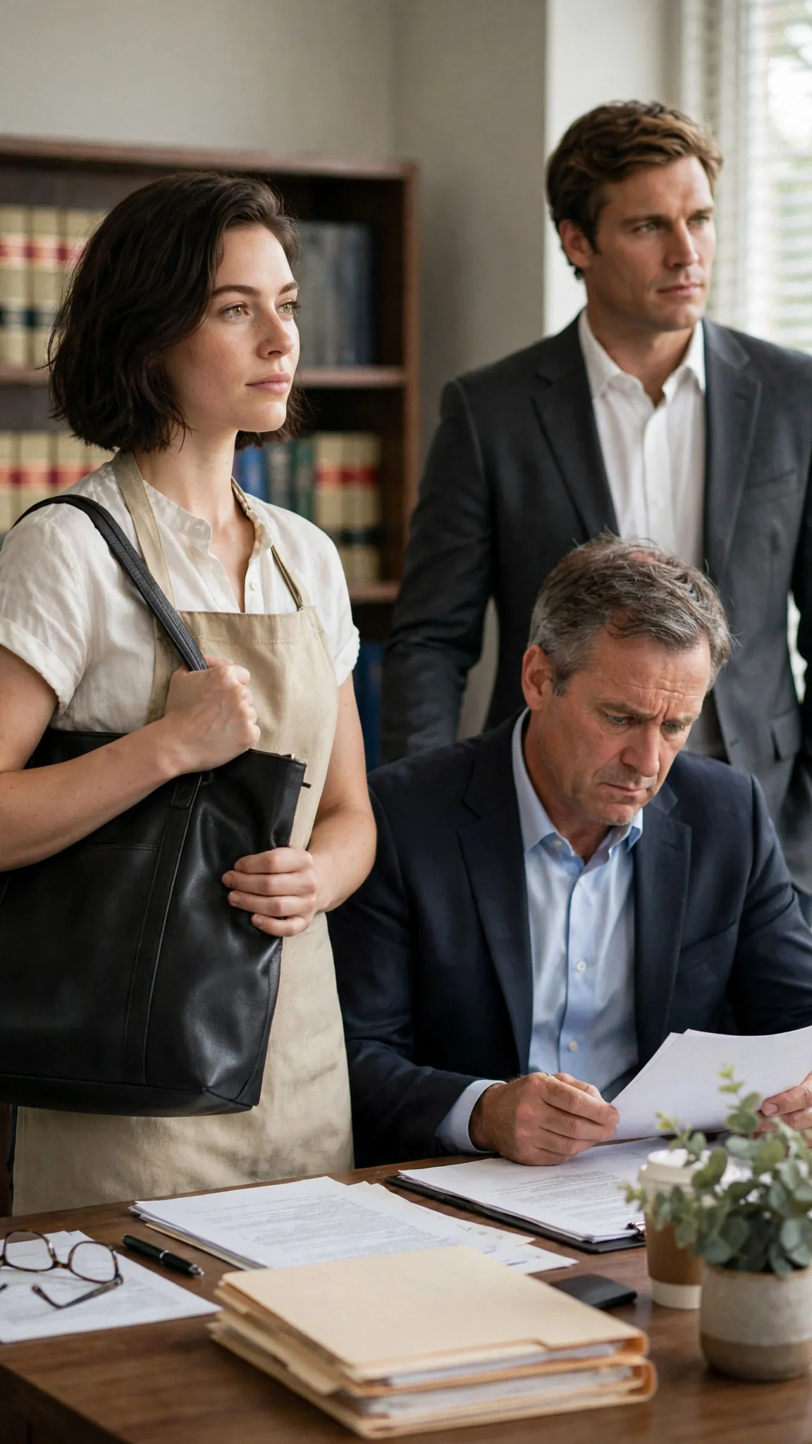 Isla picks up her bag and holds it tight while the lawyer looks away.