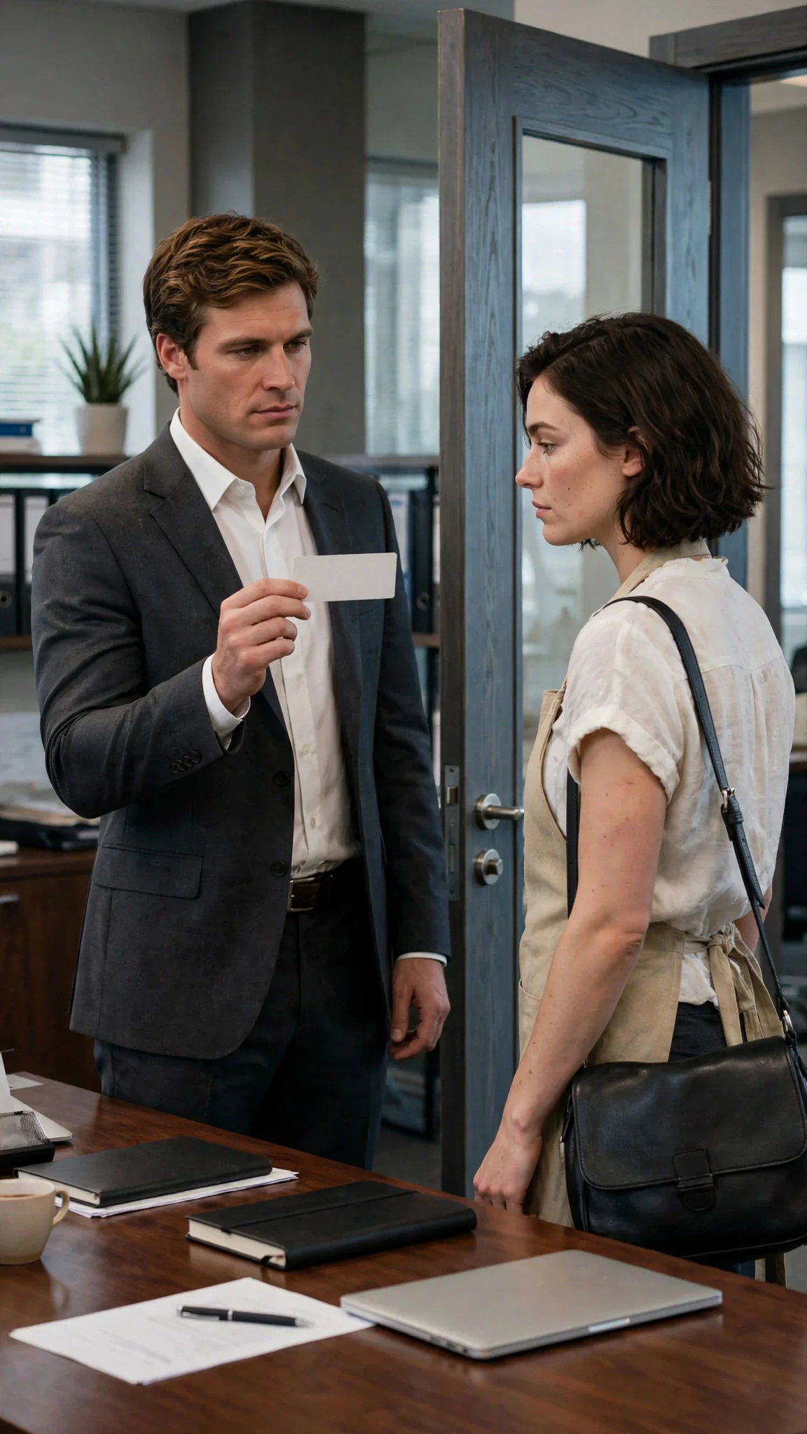 Declan holds a blank check between two fingers and repeats the offer.