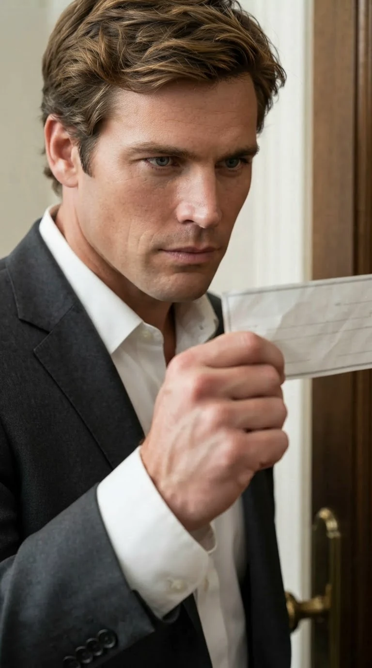 Close-up of Declan's hand tightening on the check as his face stays cold.