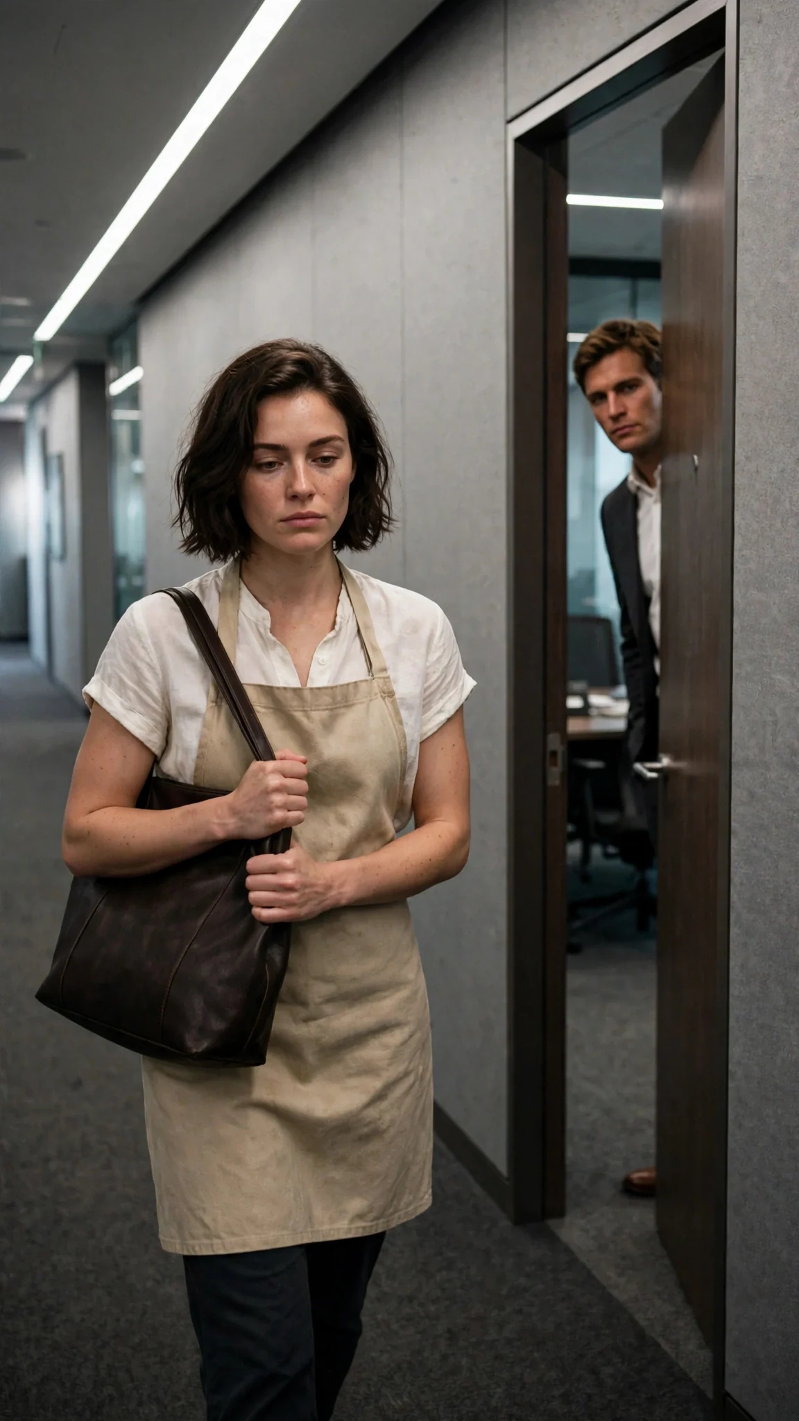 Isla walks down the law office hallway as the door closes behind her.