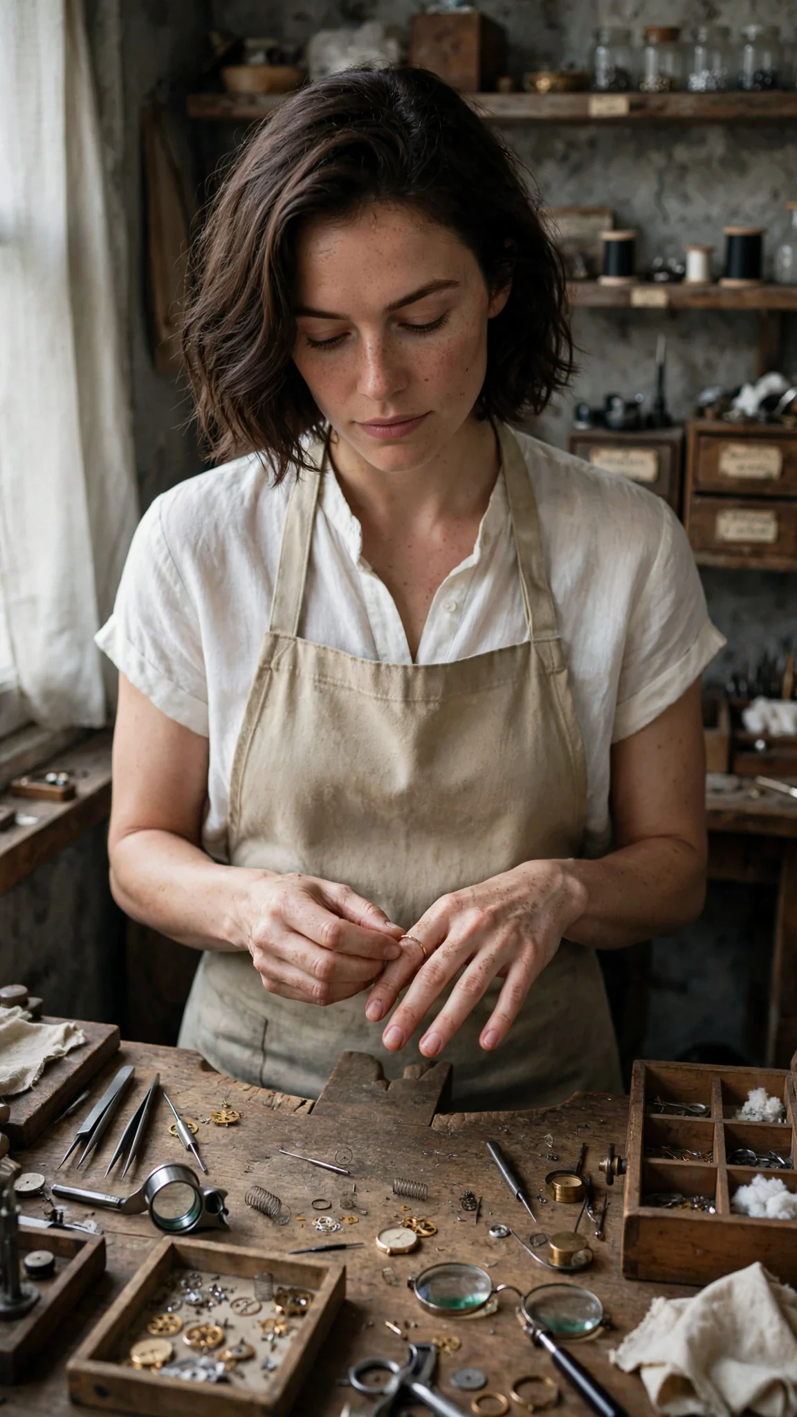 A woman in a work apron stands at a bench in a dim repair shop, sliding a gold ring off her finger.