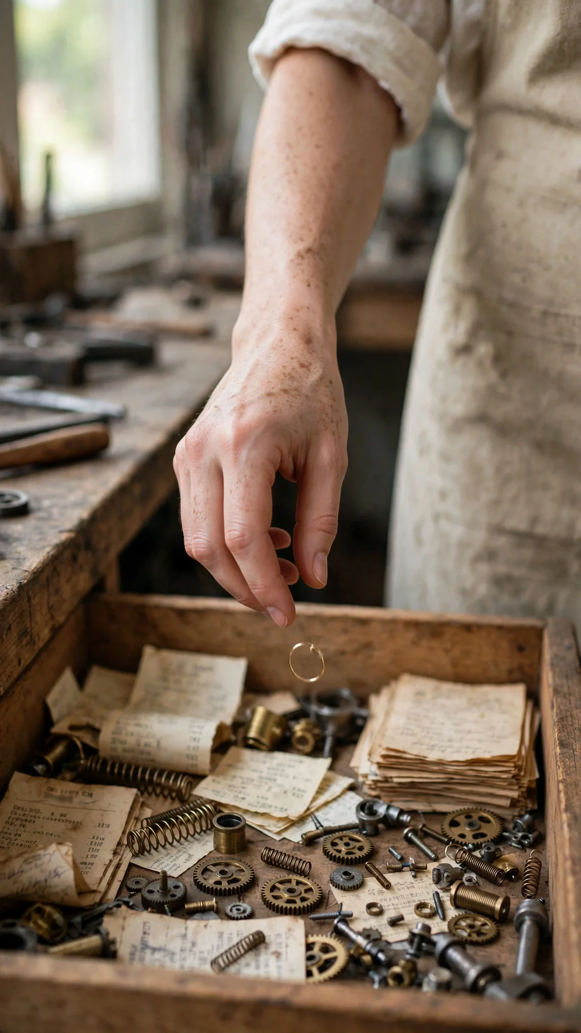 A gold wedding ring drops into an open drawer full of old receipts and small parts.