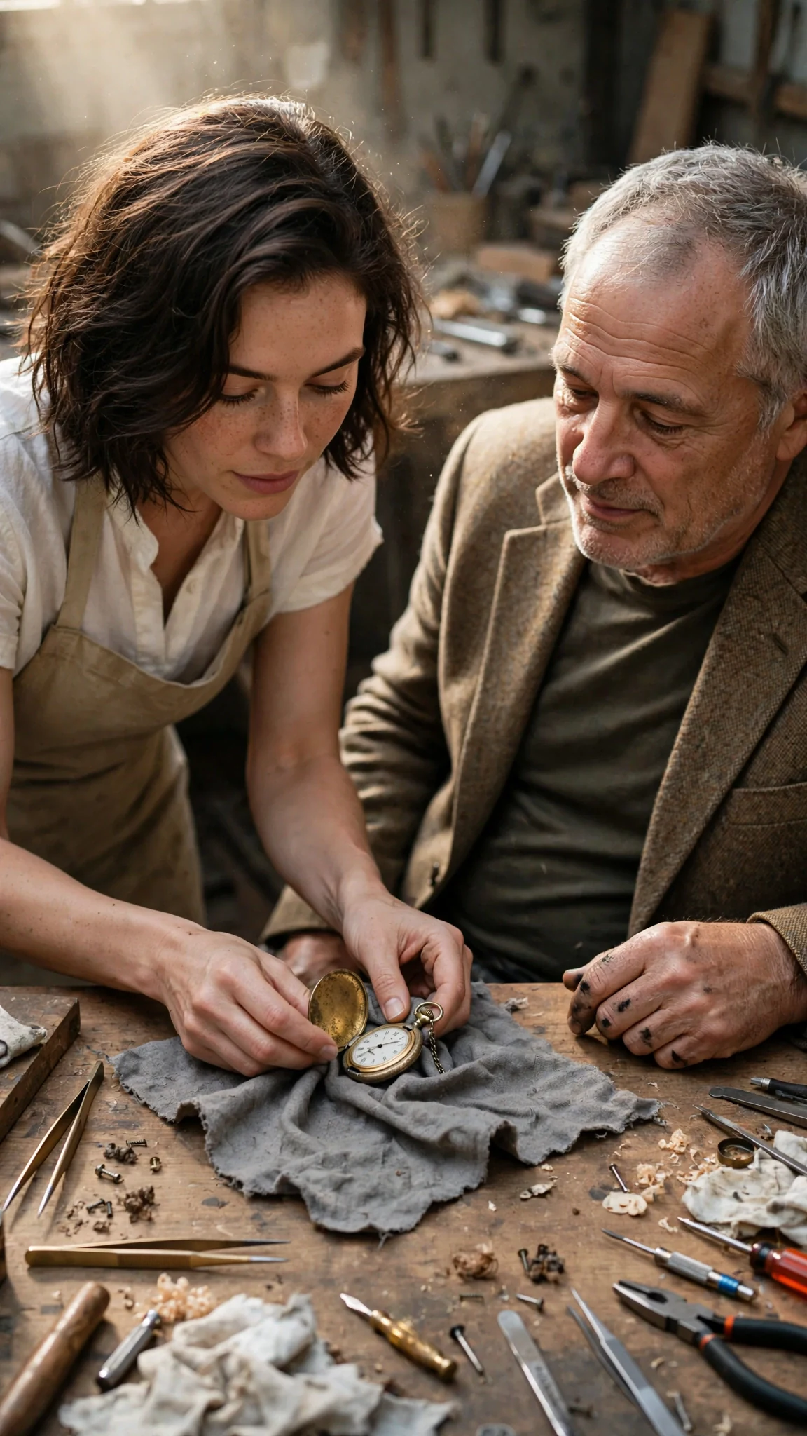 An old gold pocket watch is unwrapped on the workbench between two people.