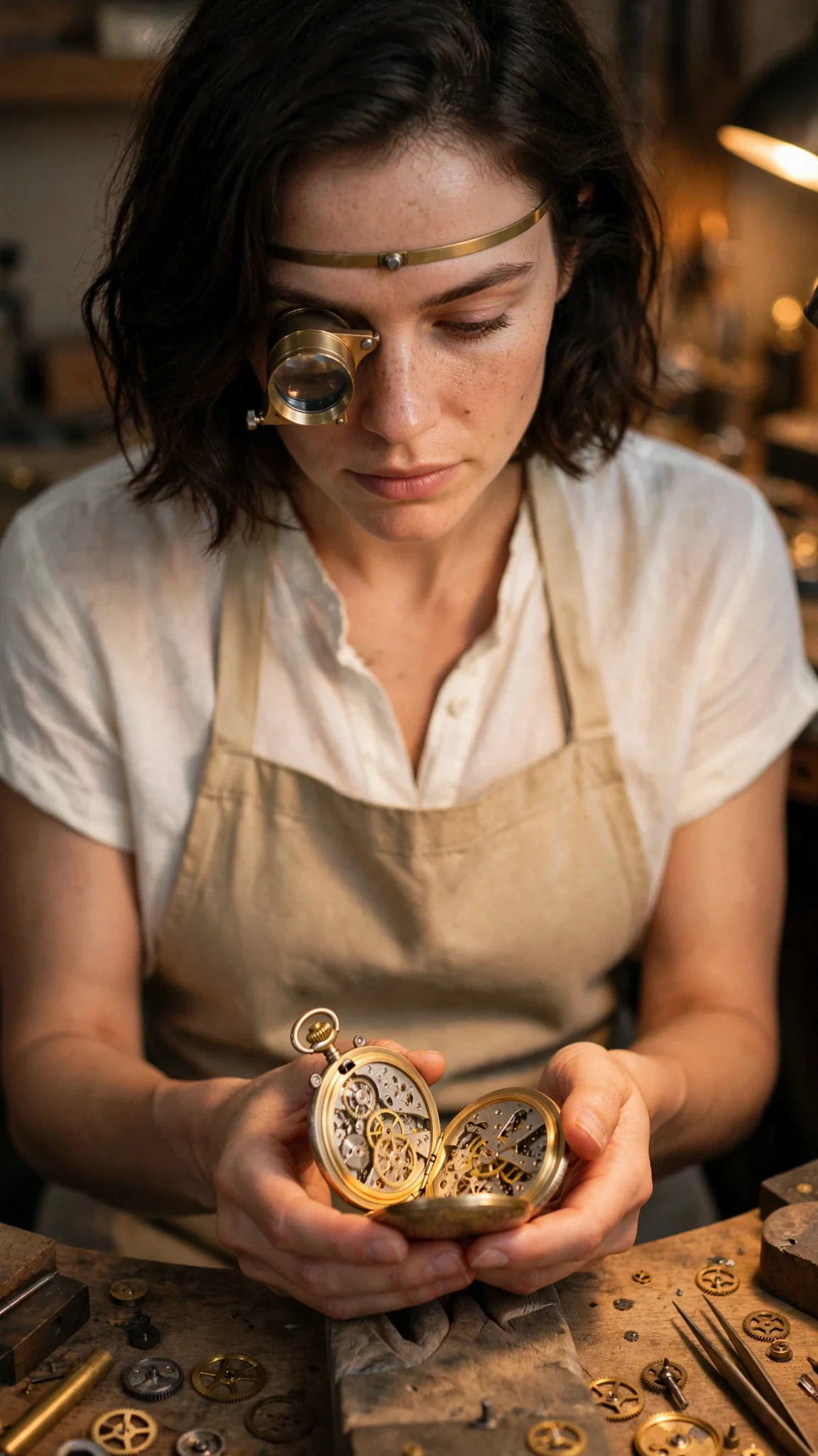 The woman peers through a jeweler's loupe at the open back of the pocket watch.