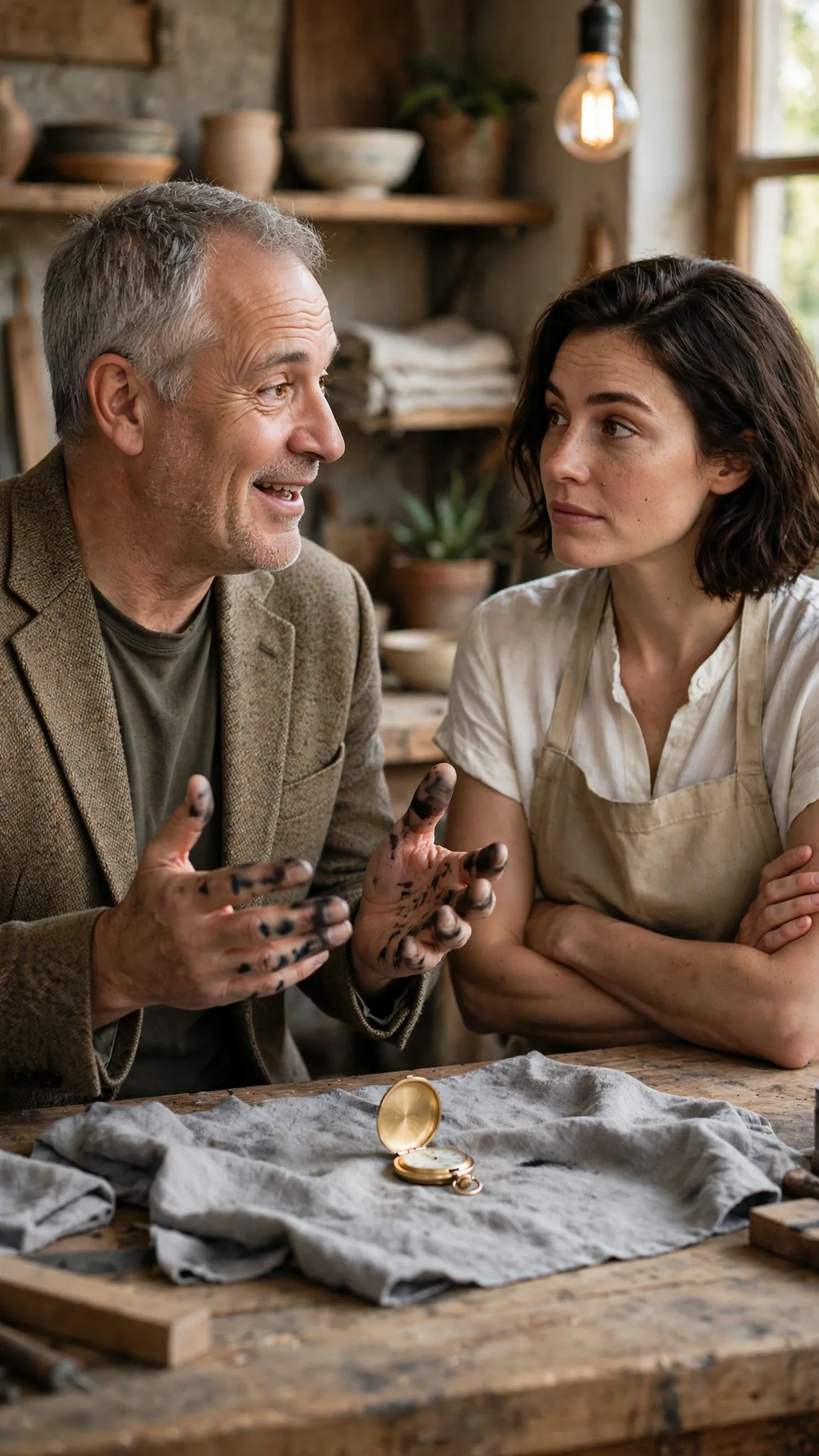 The collector gestures at the watch on the counter, telling her something.