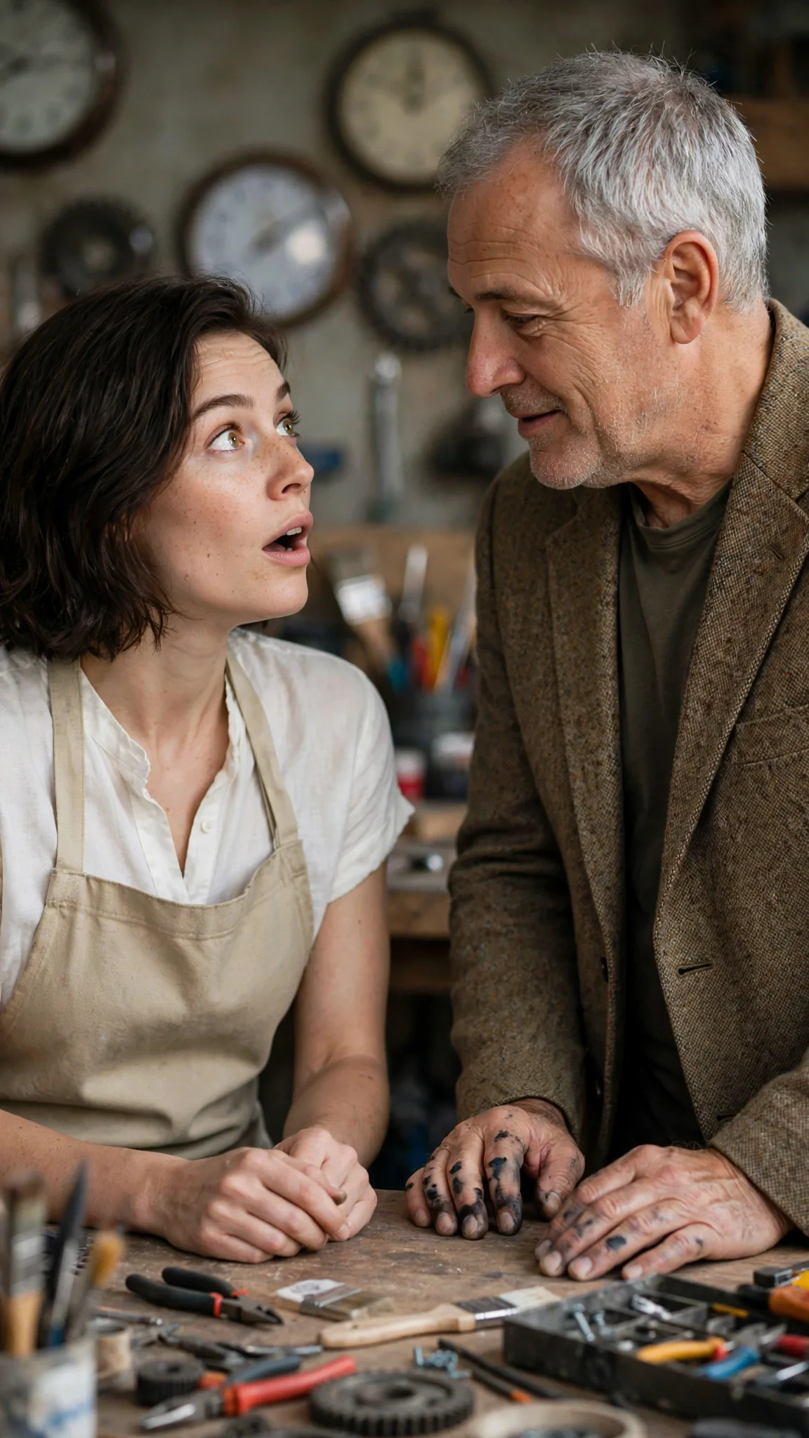 The woman looks up at him, caught off guard by something he said.