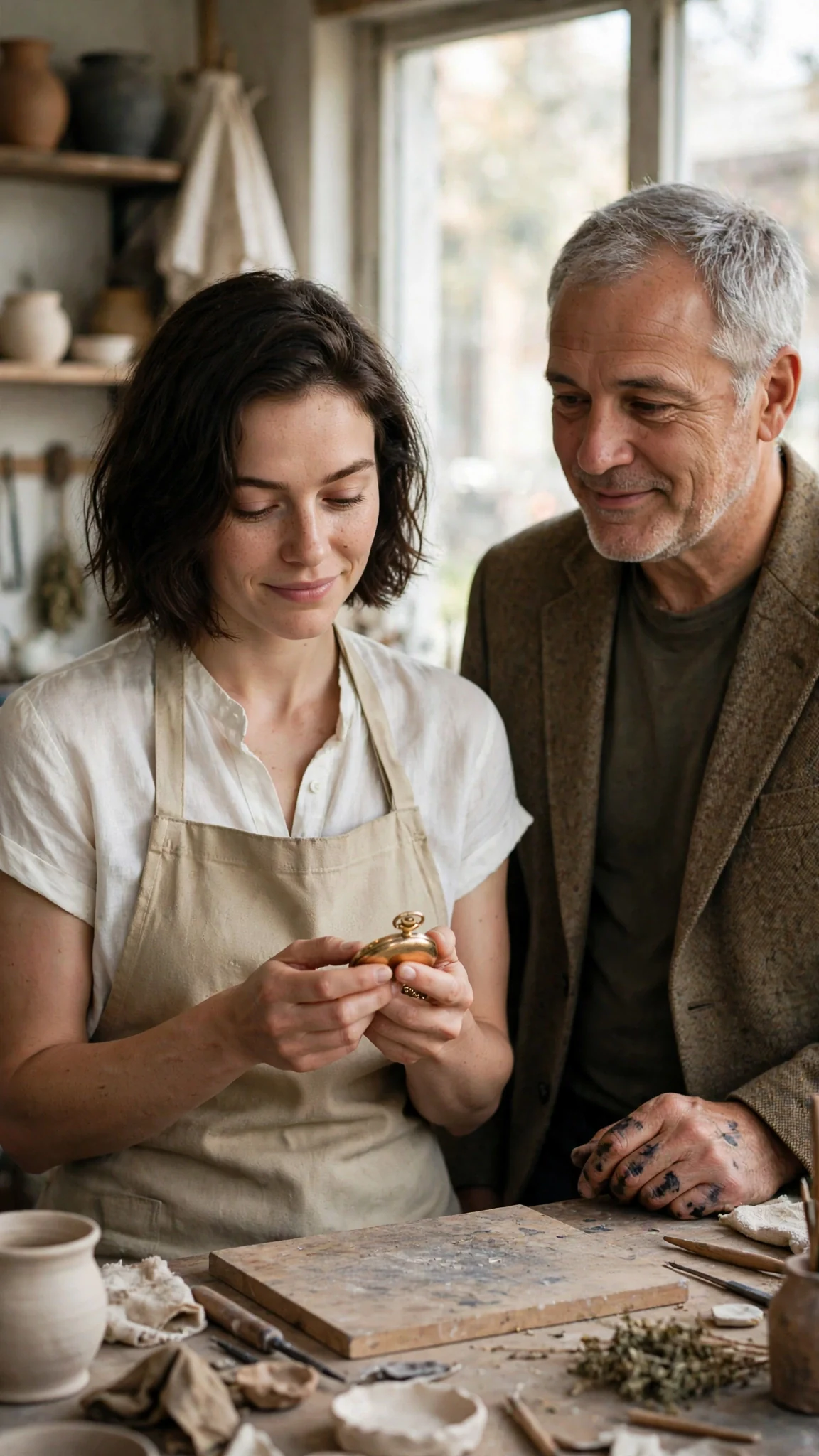 The woman turns the pocket watch over in her hands, a small smile breaking through.