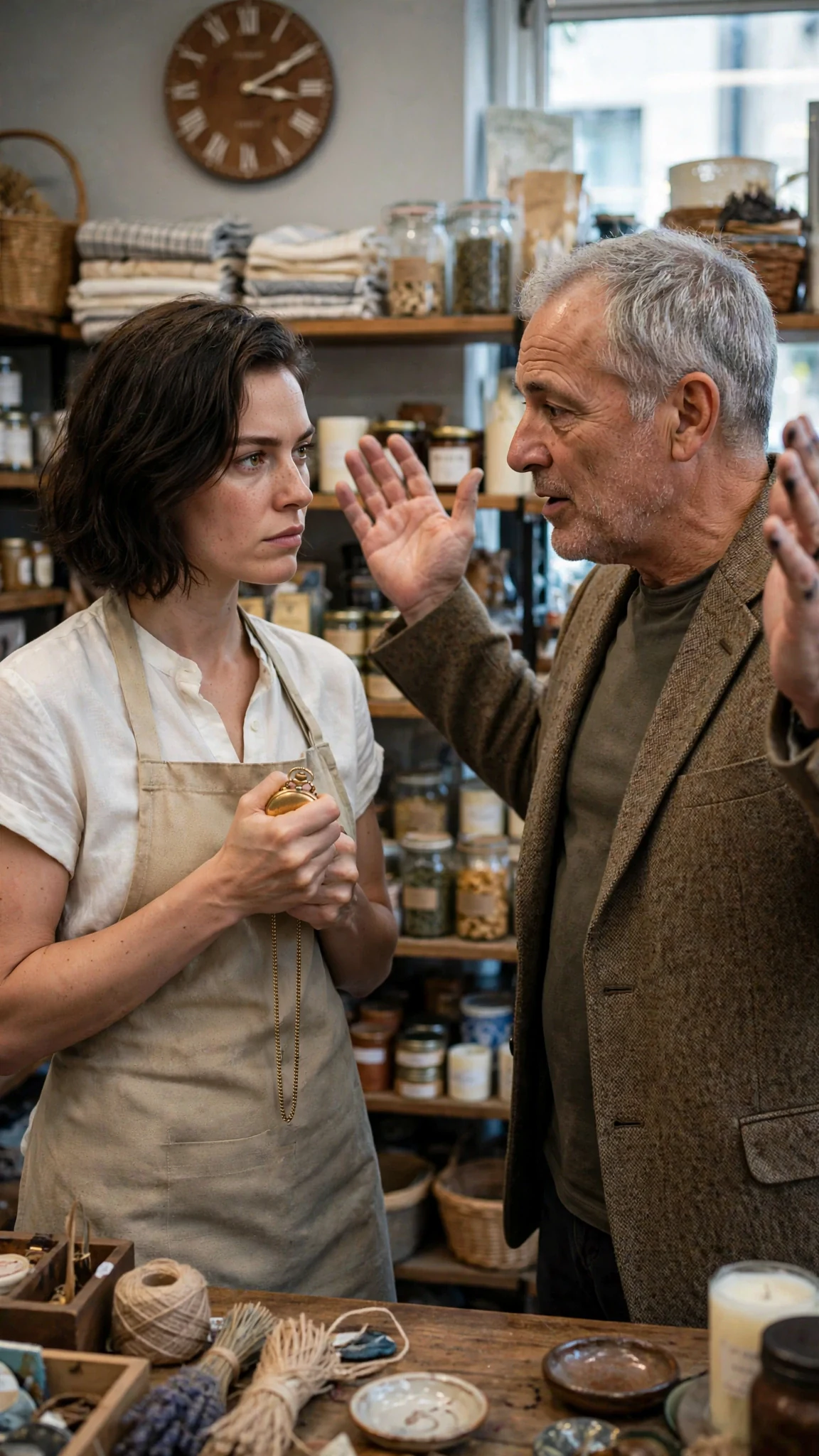 The man mentions a name and the woman's hand closes tightly around the watch.