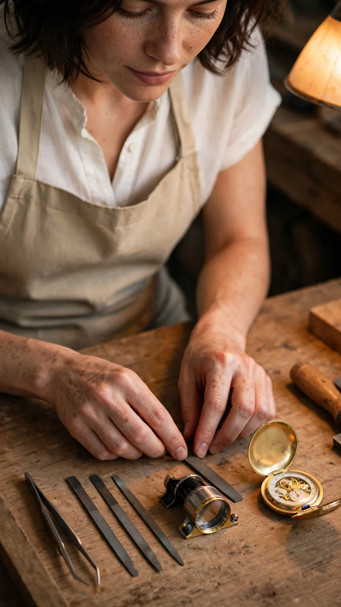 The woman lays out her tools on the bench in a neat row.