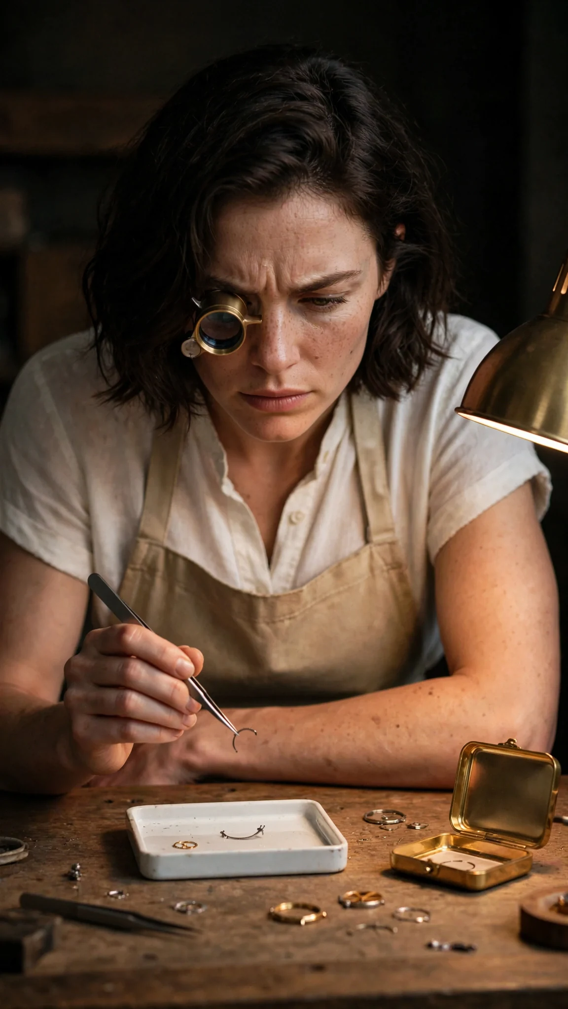 The woman bends over the tiny twisted part under her loupe, ready to begin.