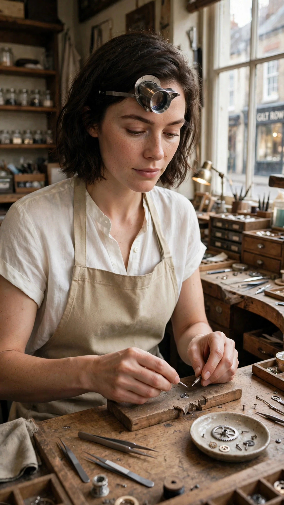 Isla sits at her watchmaker's bench in morning light, a tiny steel part on a dish before her.