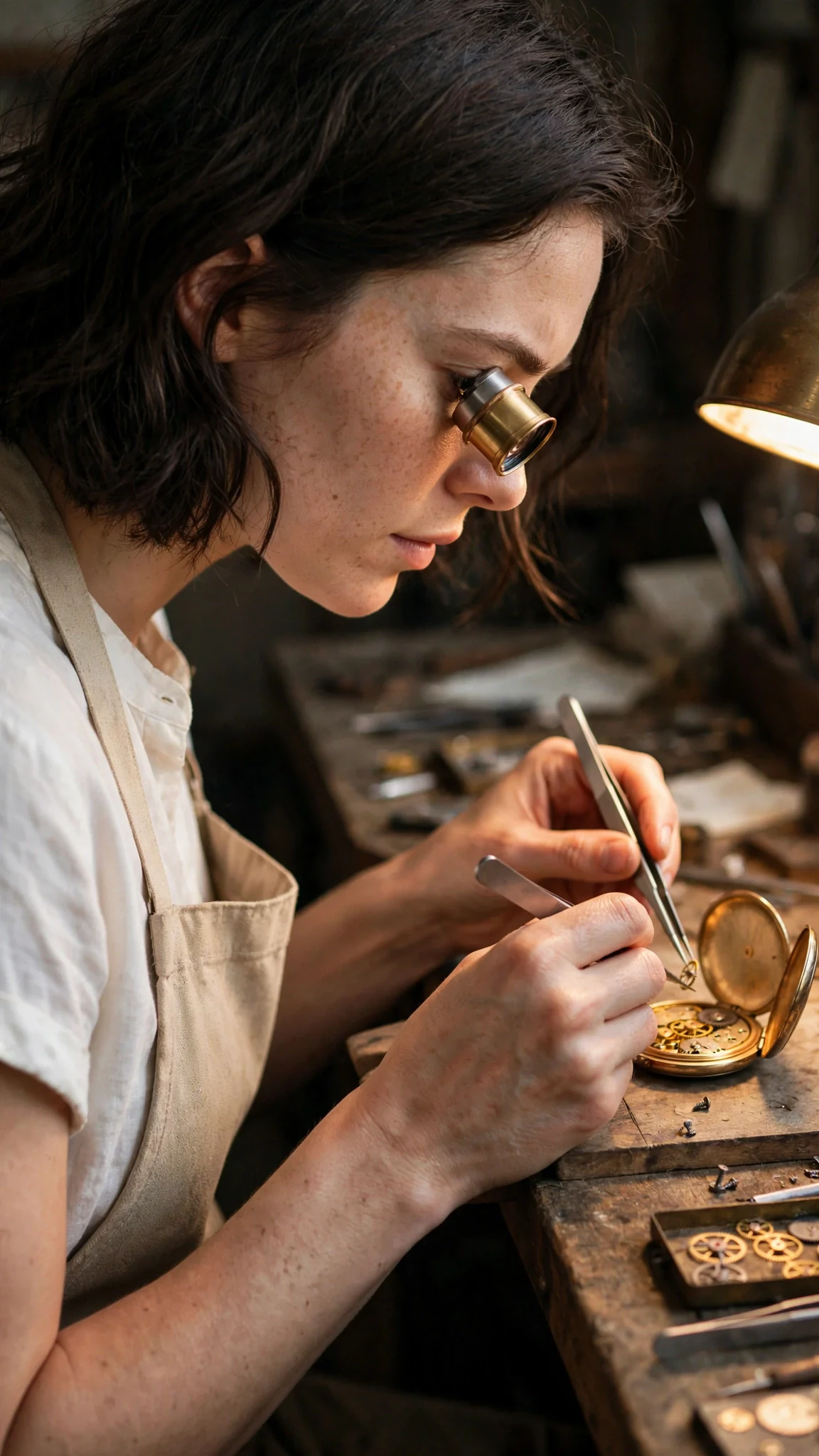 Close view of Isla's hands using tweezers above an open pocket watch movement.