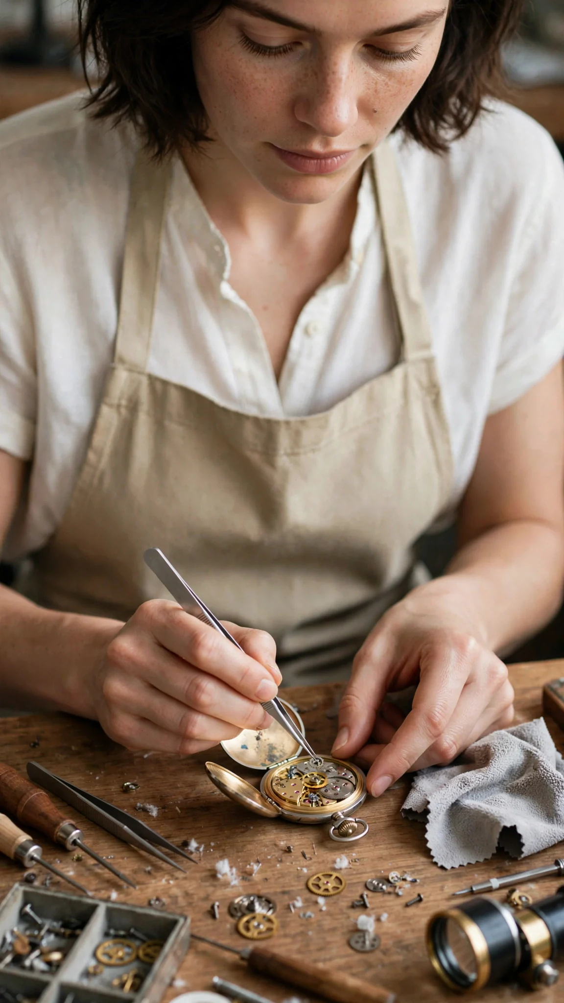 Isla's hands guide the tiny part into the jewel of the watch movement.
