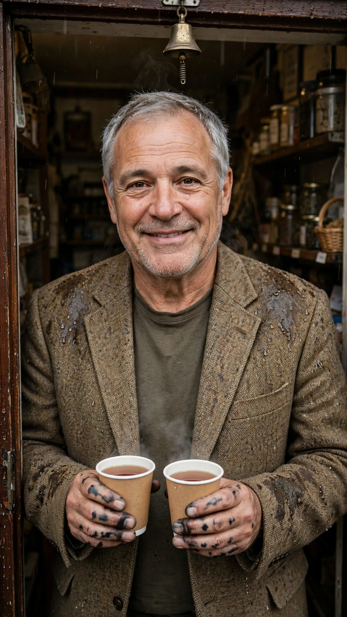 Cleve arrives in the shop doorway with two teas, rain on his tweed jacket.