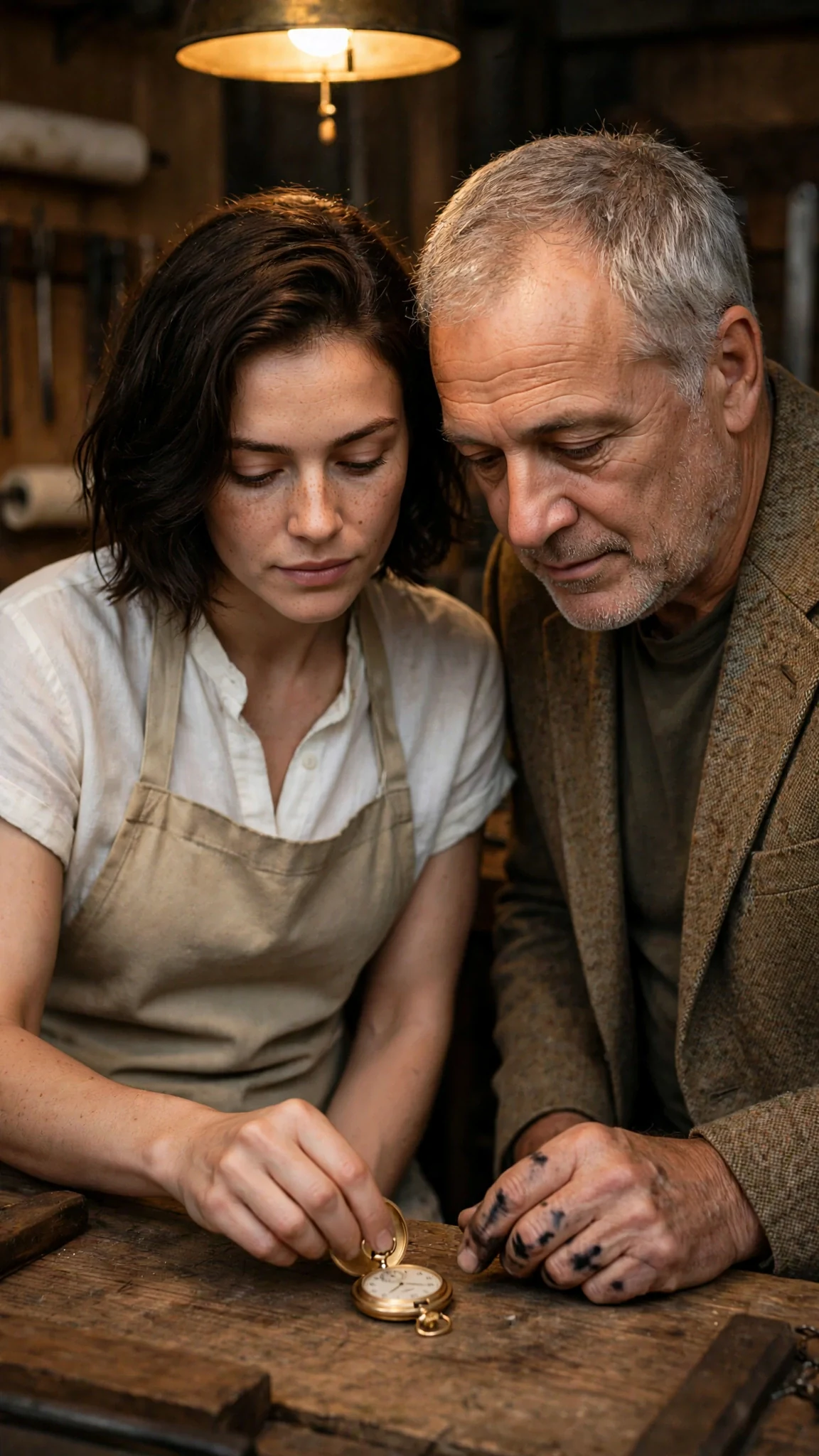 Isla presses the stem of the gold watch while Cleve leans in beside her.
