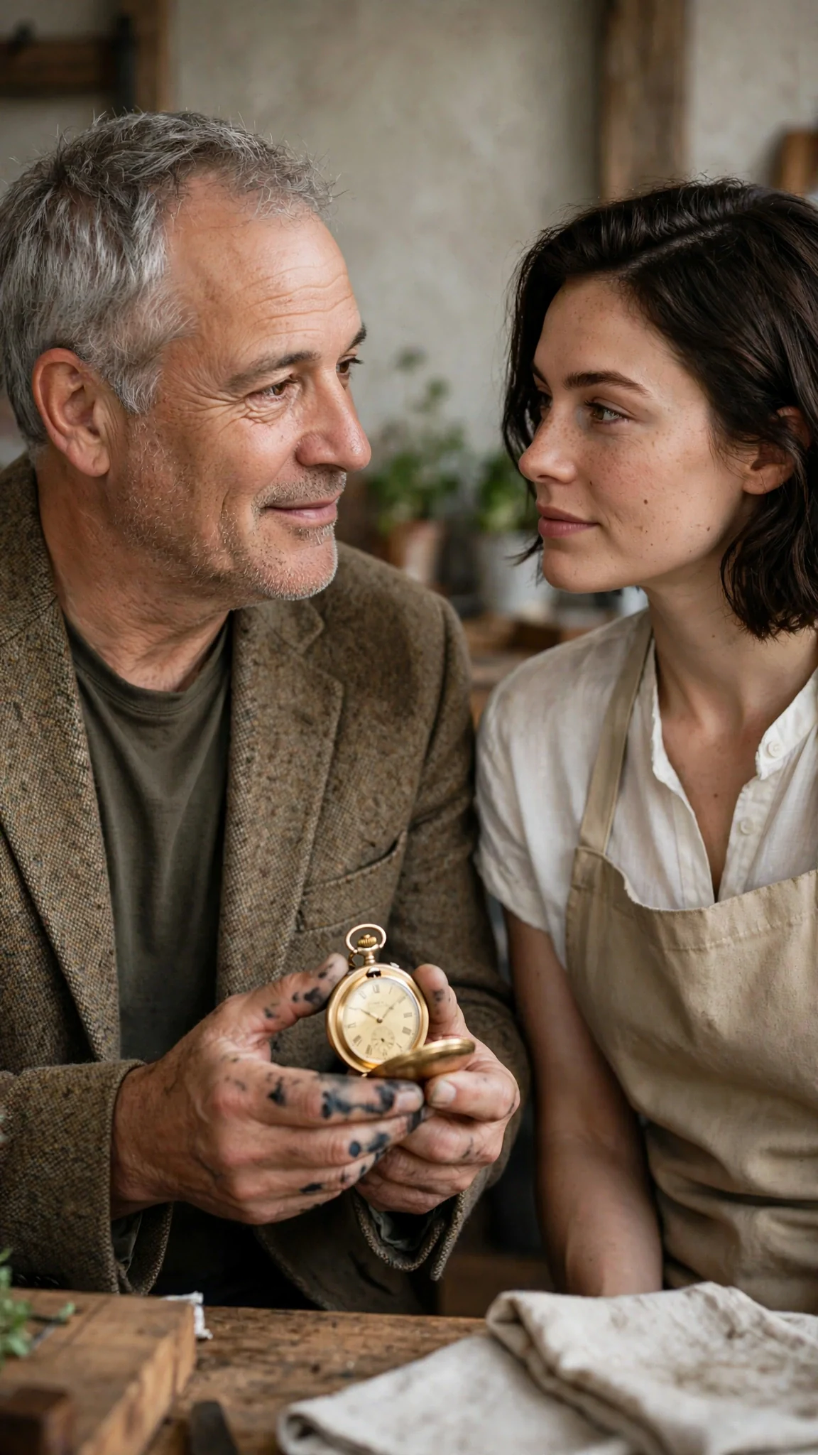 Cleve holds the gold watch in both hands and speaks sincerely to Isla.