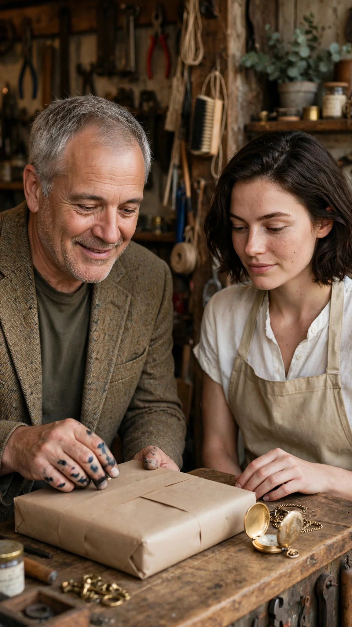 Cleve sets a thick wrapped catalog on the counter beside the ticking watch.