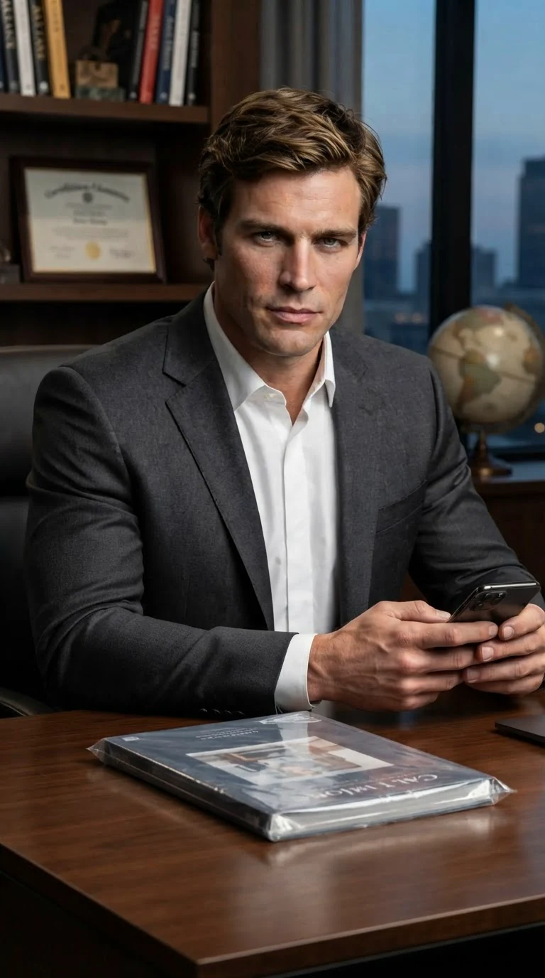 Declan sits alone at his desk in his office, a wrapped catalog before him and his phone in his hand.