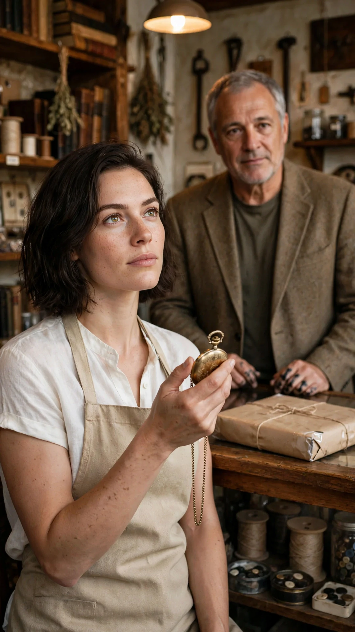 Isla holds the ticking gold watch, chin up, while Cleve waits by the wrapped catalog.