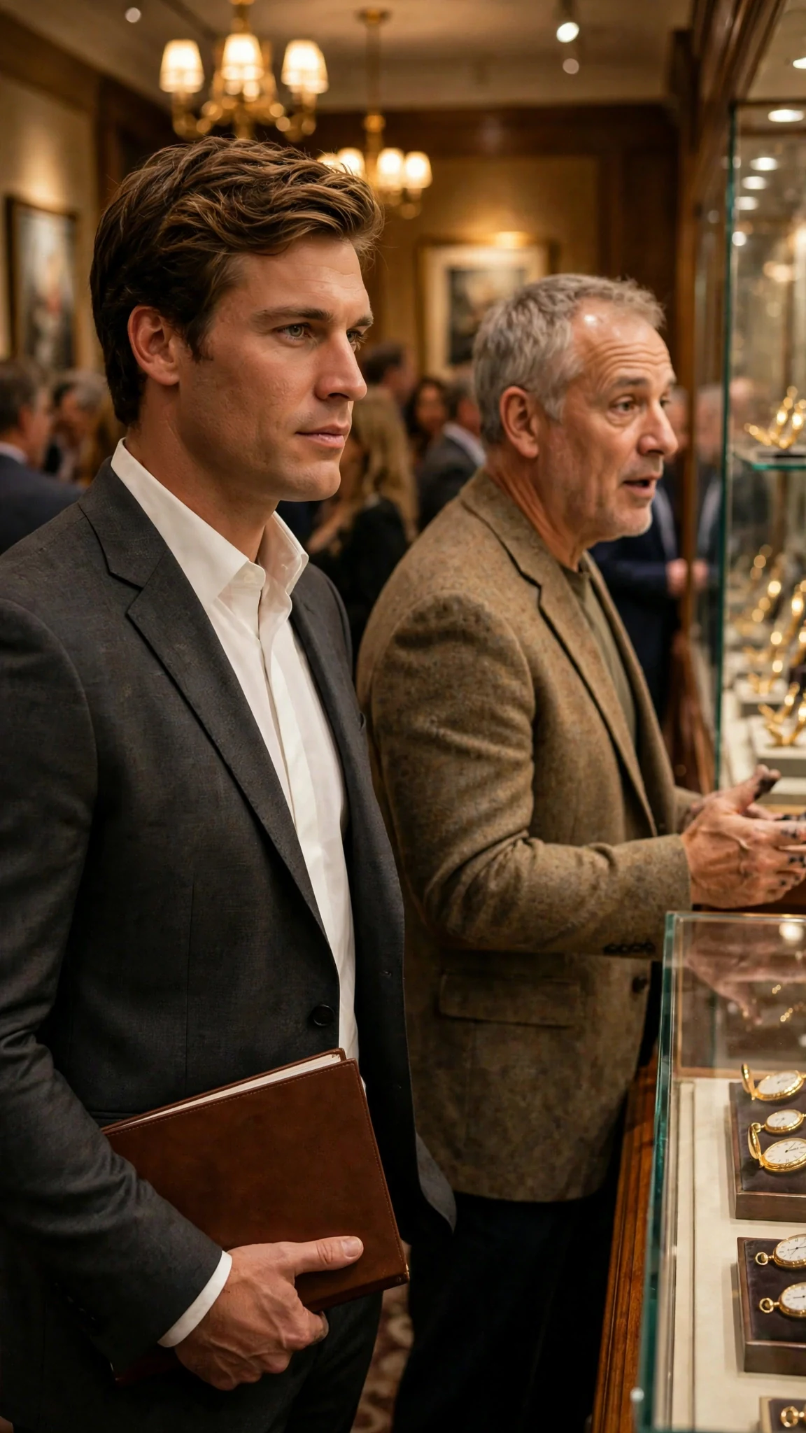 A tall blond man in a charcoal suit turns in an auction gallery as a stocky grey-haired man calls his name.