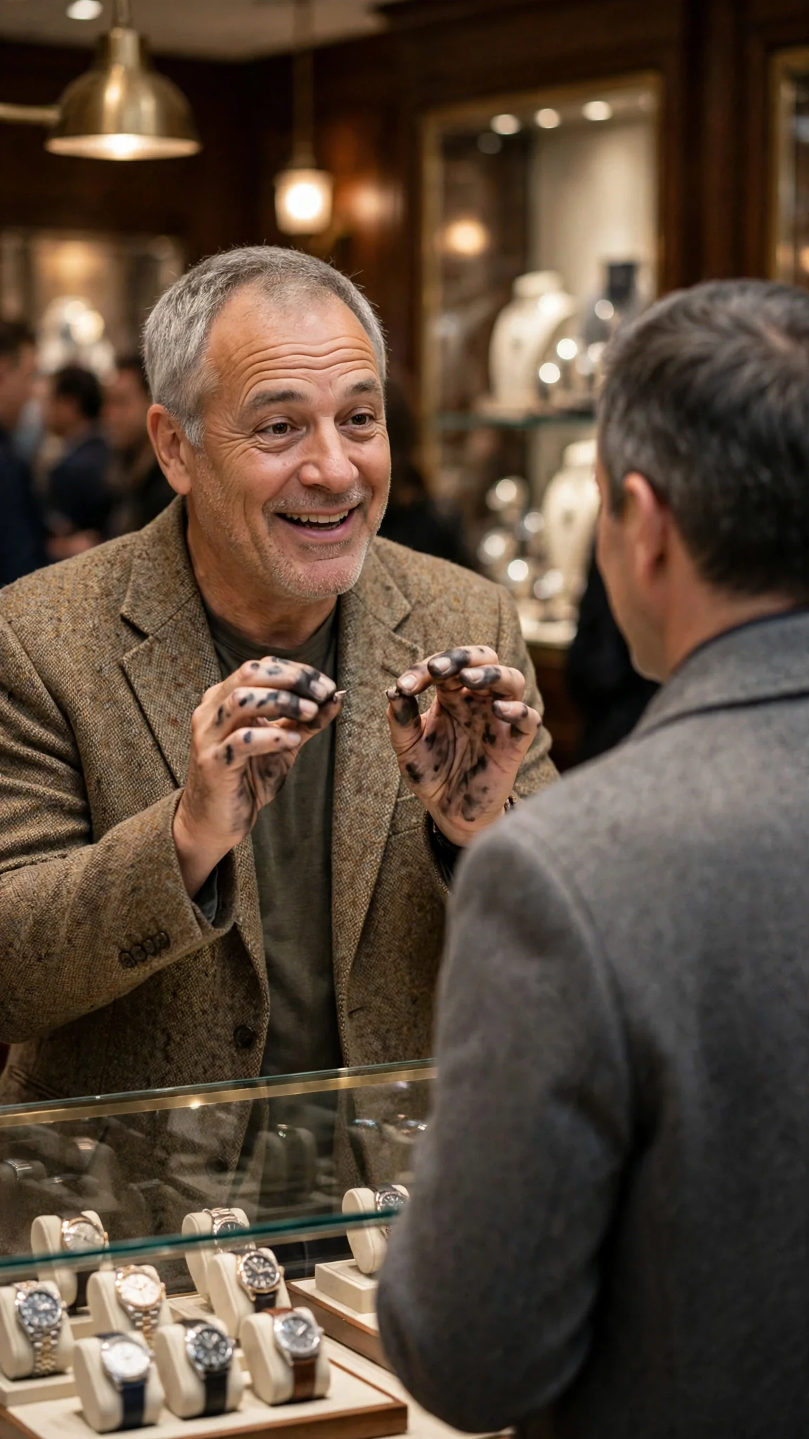 A stocky grey-haired collector in tweed talks with delighted hands to a man whose back is turned.